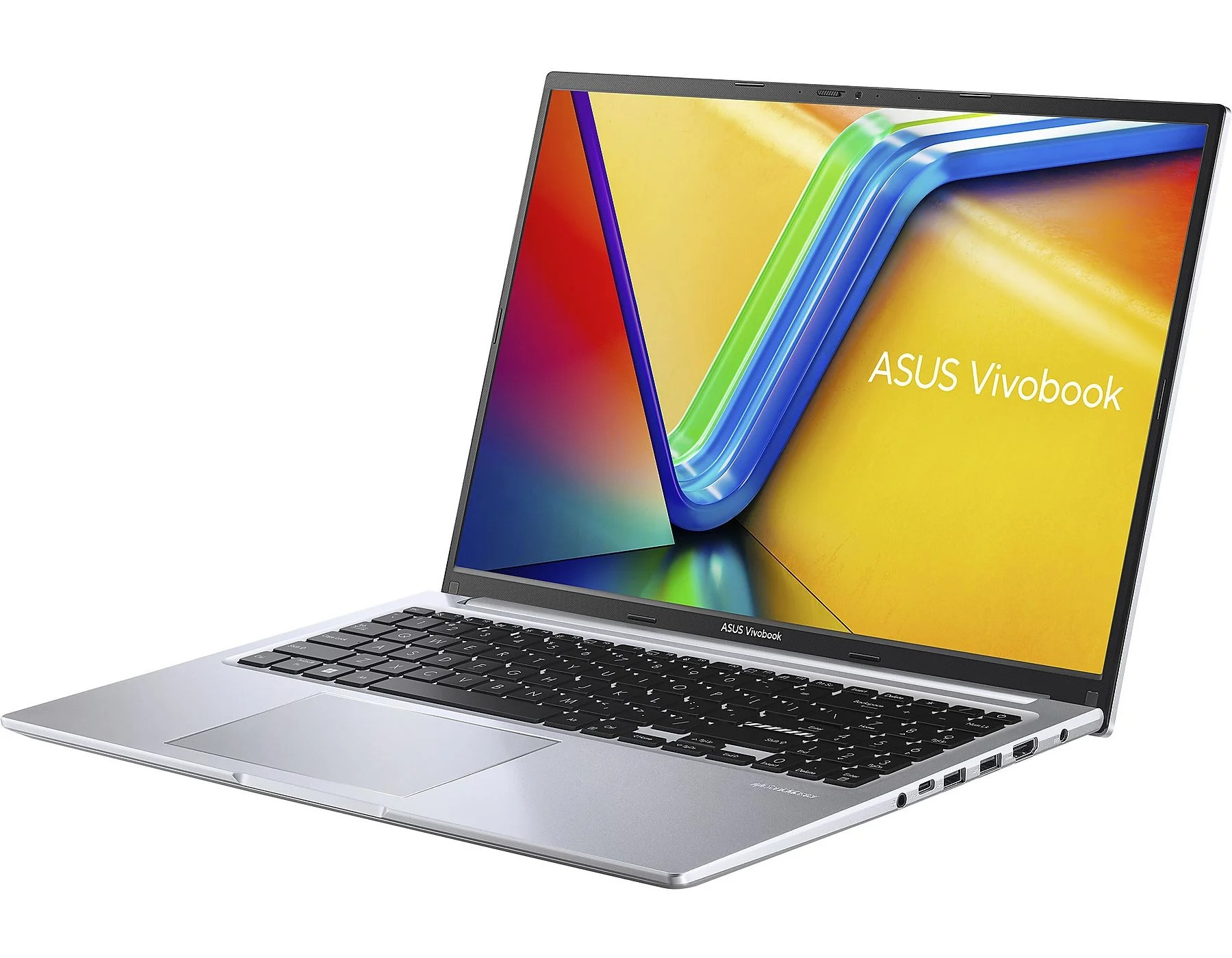 Silberner ASUS Vivobook Laptop mit schwarzer Tastatur und buntem Hintergrundbild.