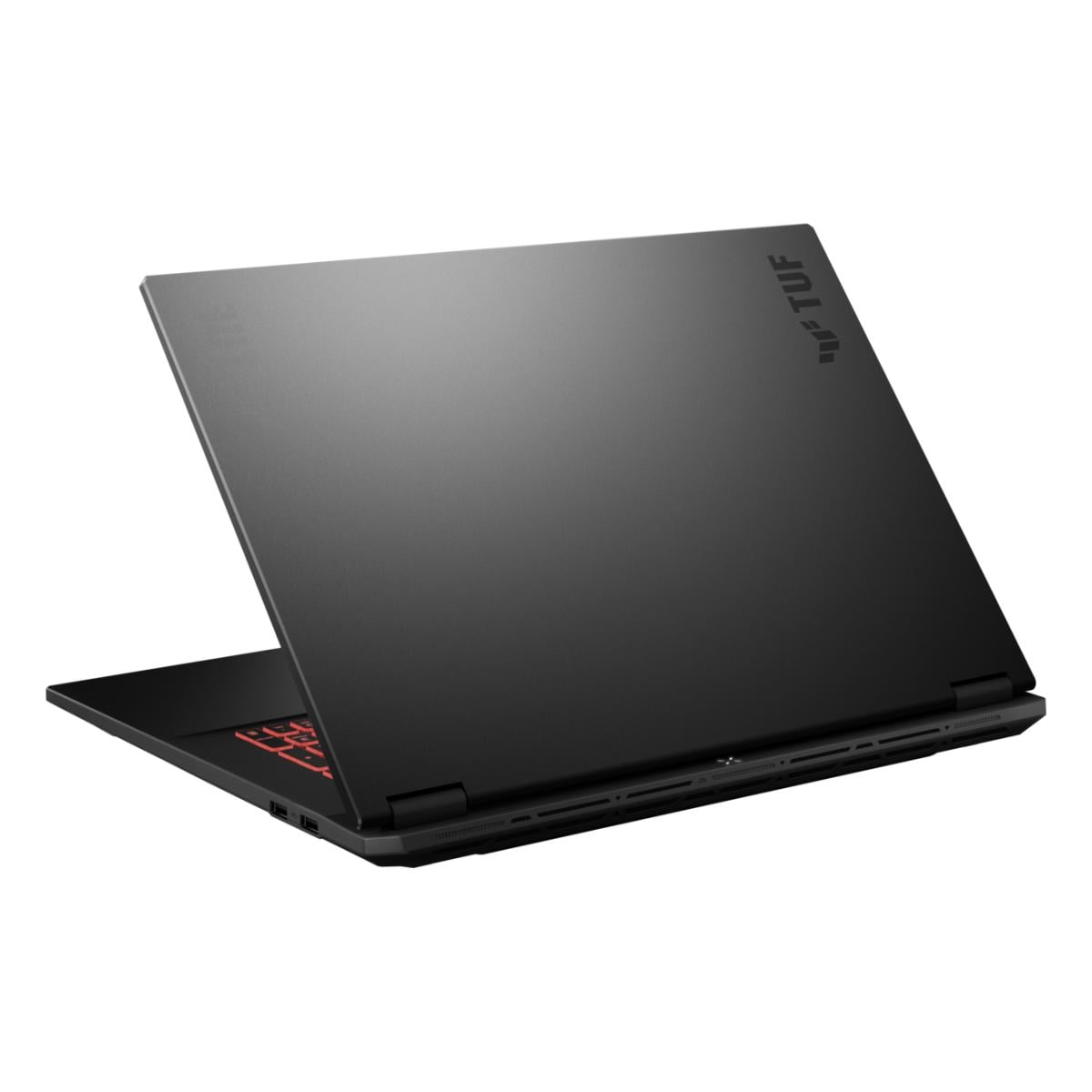 Schwarzer Laptop mit aufgeklapptem Deckel und roter Tastatur, TUF-Logo auf dem Deckel.