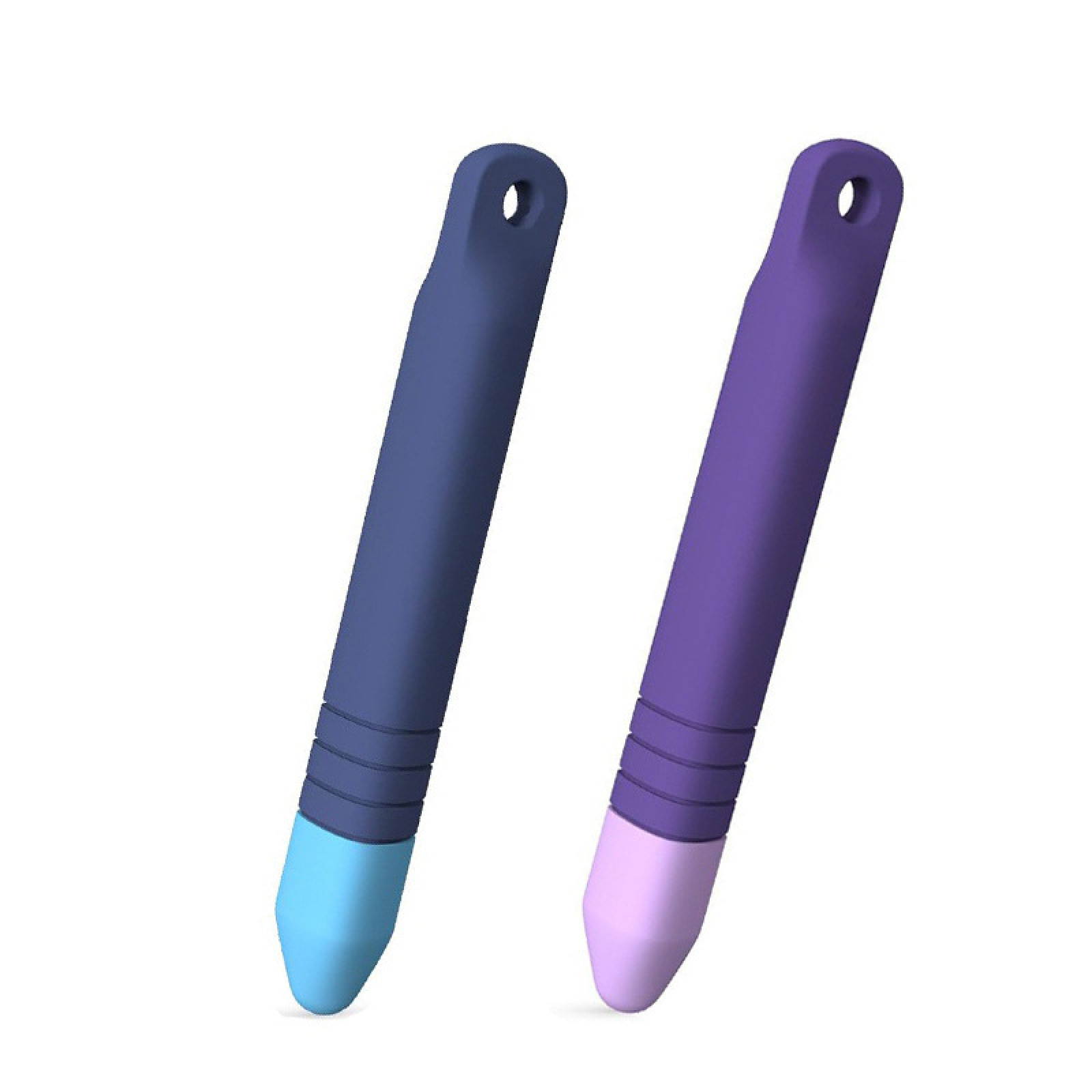 Zwei Stifte, lila und blau, mit hellblauen und rosa Spitzen.