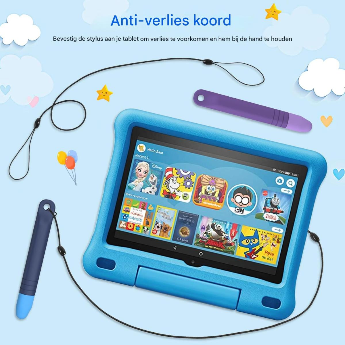 Blaues Tablet mit Stift und Anti-Verlust-Schnur, zeigt App-Icons.