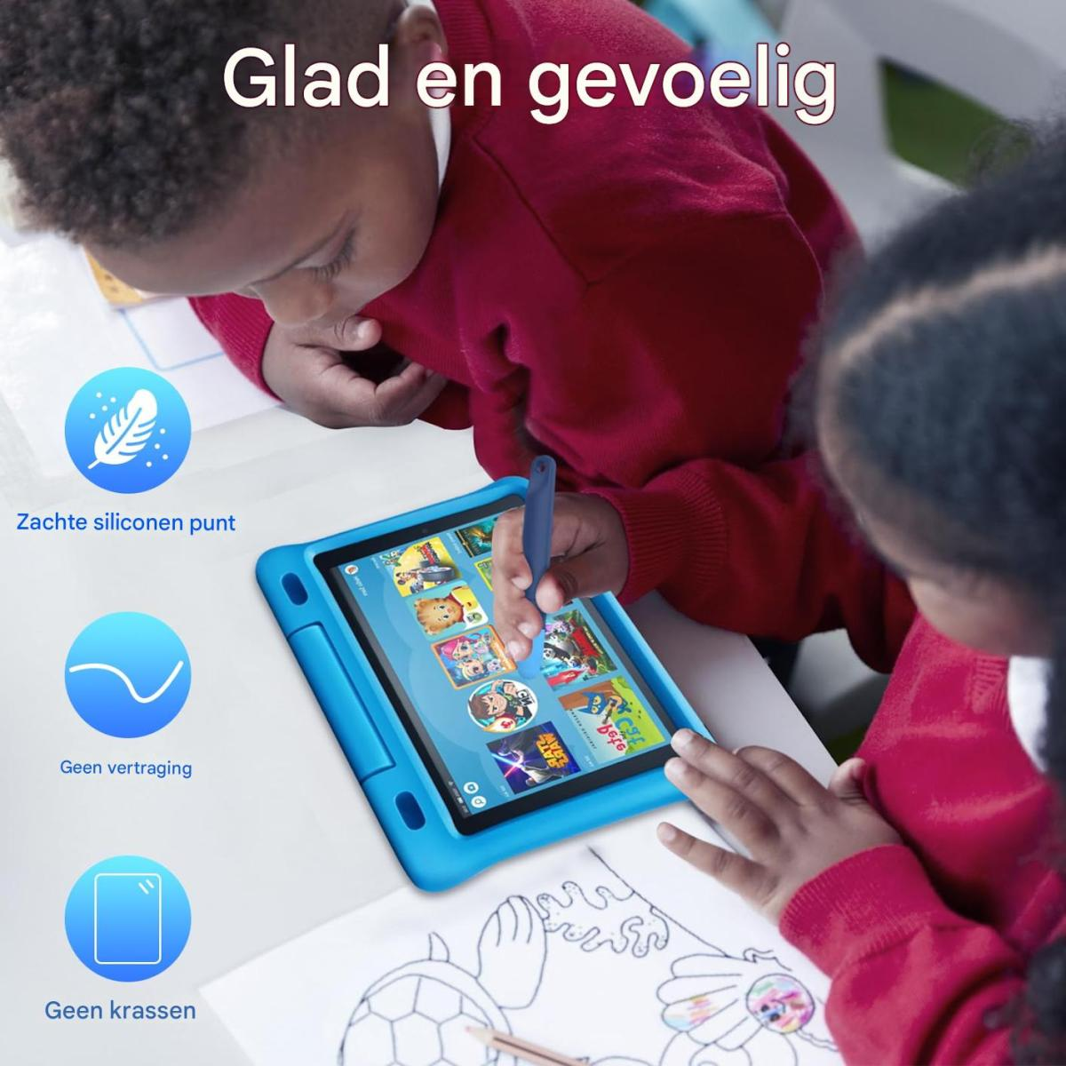 Zwei Kinder in roten Pullovern benutzen ein blaues Tablet mit Stift. Symbole zeigen weiche Spitze, keine Verzögerung, keine Kratzer.
