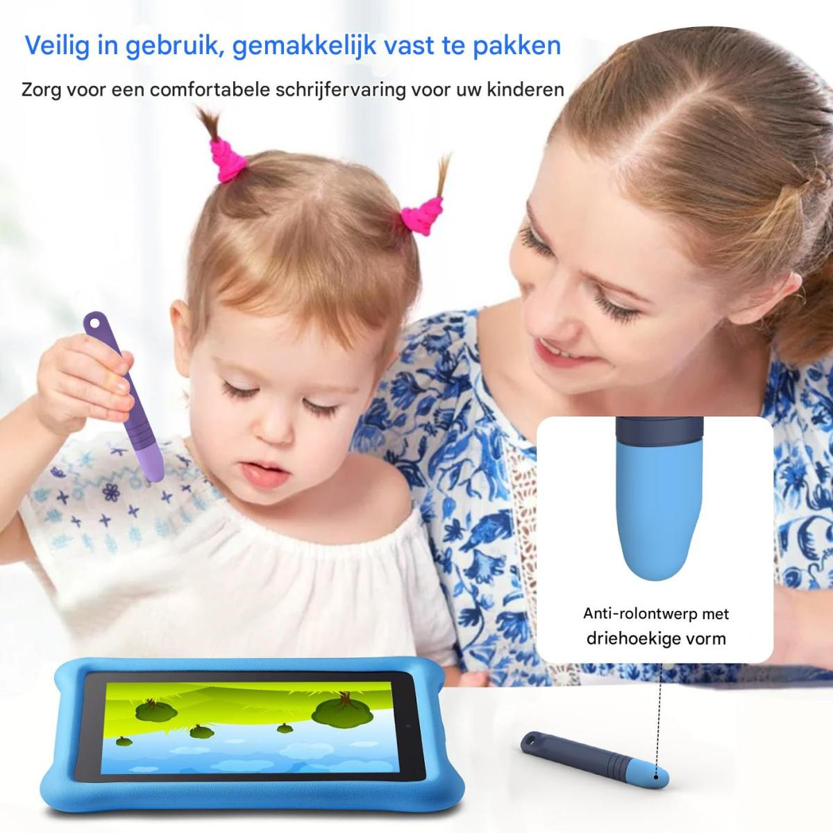 Eine Frau und ein Kind mit einem blauen Tablet und Stiften.