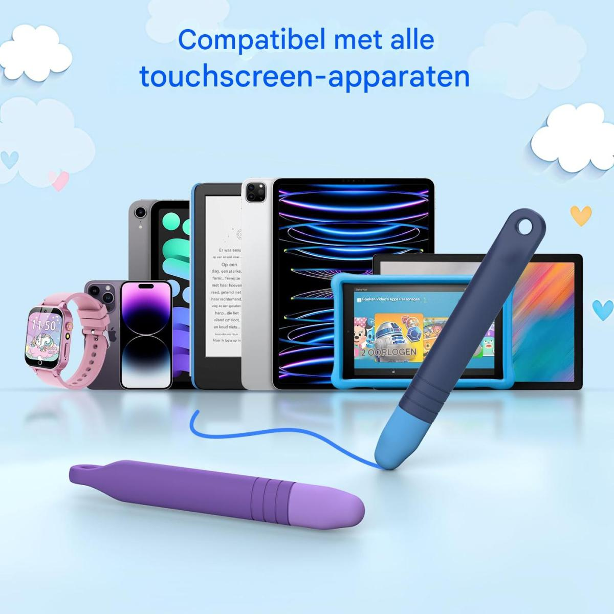 Verschiedene Apple-Geräte und Stifte liegen auf einem Tisch, darunter ein iPhone, iPads und eine Smartwatch.