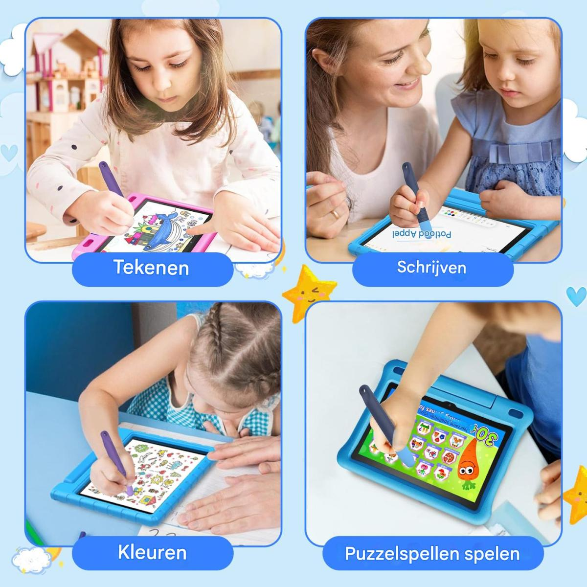 Vier Kinder nutzen Tablets zum Zeichnen, Schreiben, Malen und Spielen von Puzzles.
