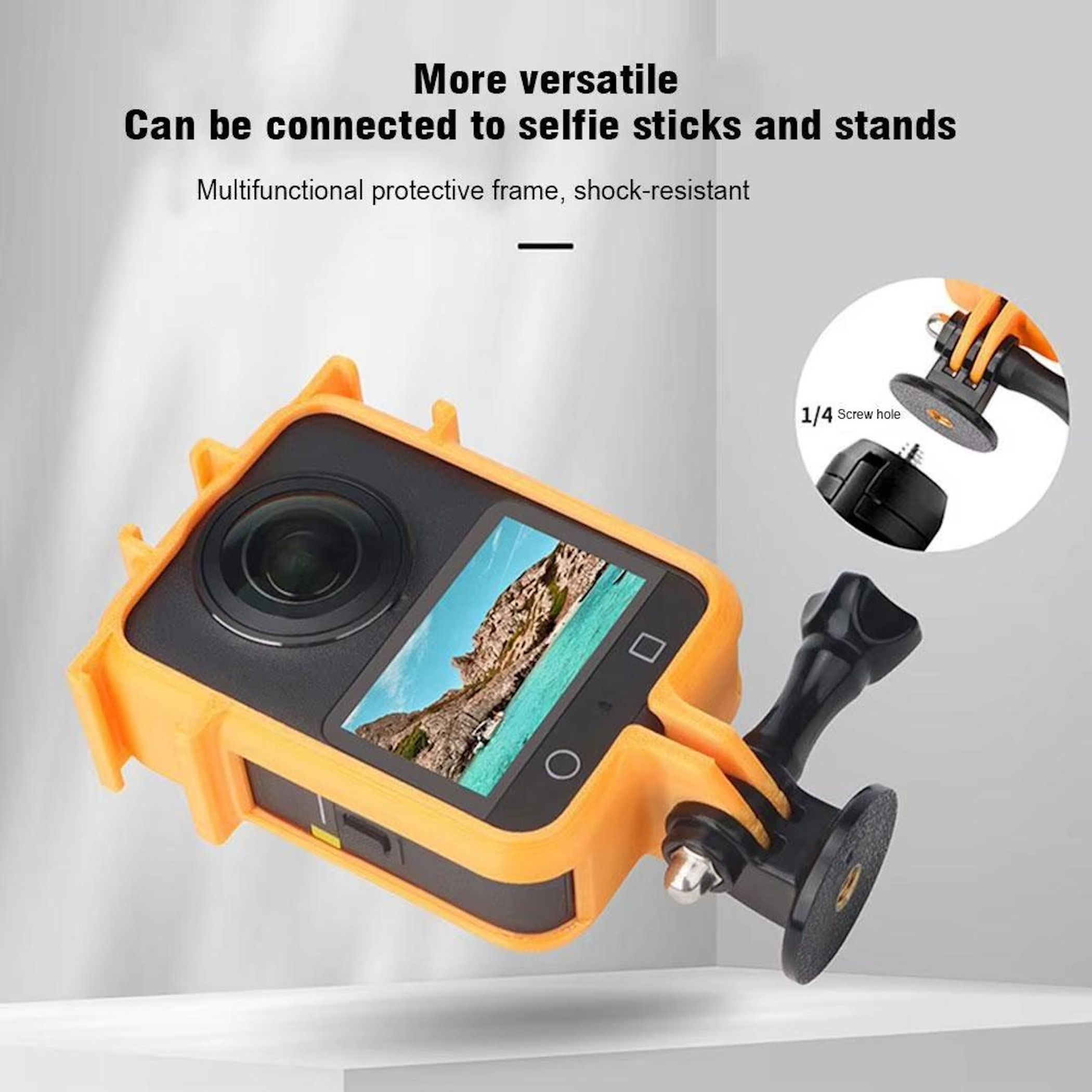 Orange Schutzhülle für Action-Kamera mit Zubehör und 1/4-Zoll-Schraubanschluss.