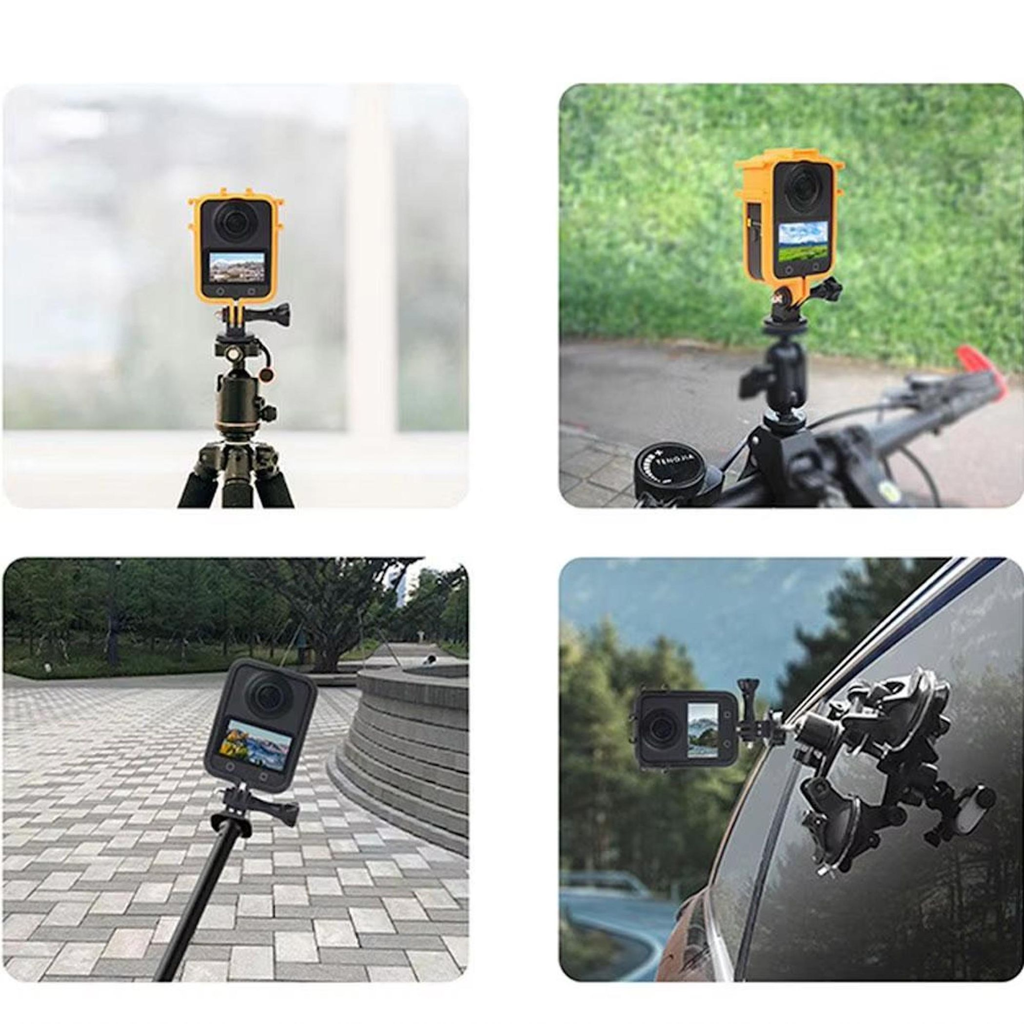 Kamera auf Stativ, Fahrradlenker, Selfie-Stick und Autofensterhalterung.