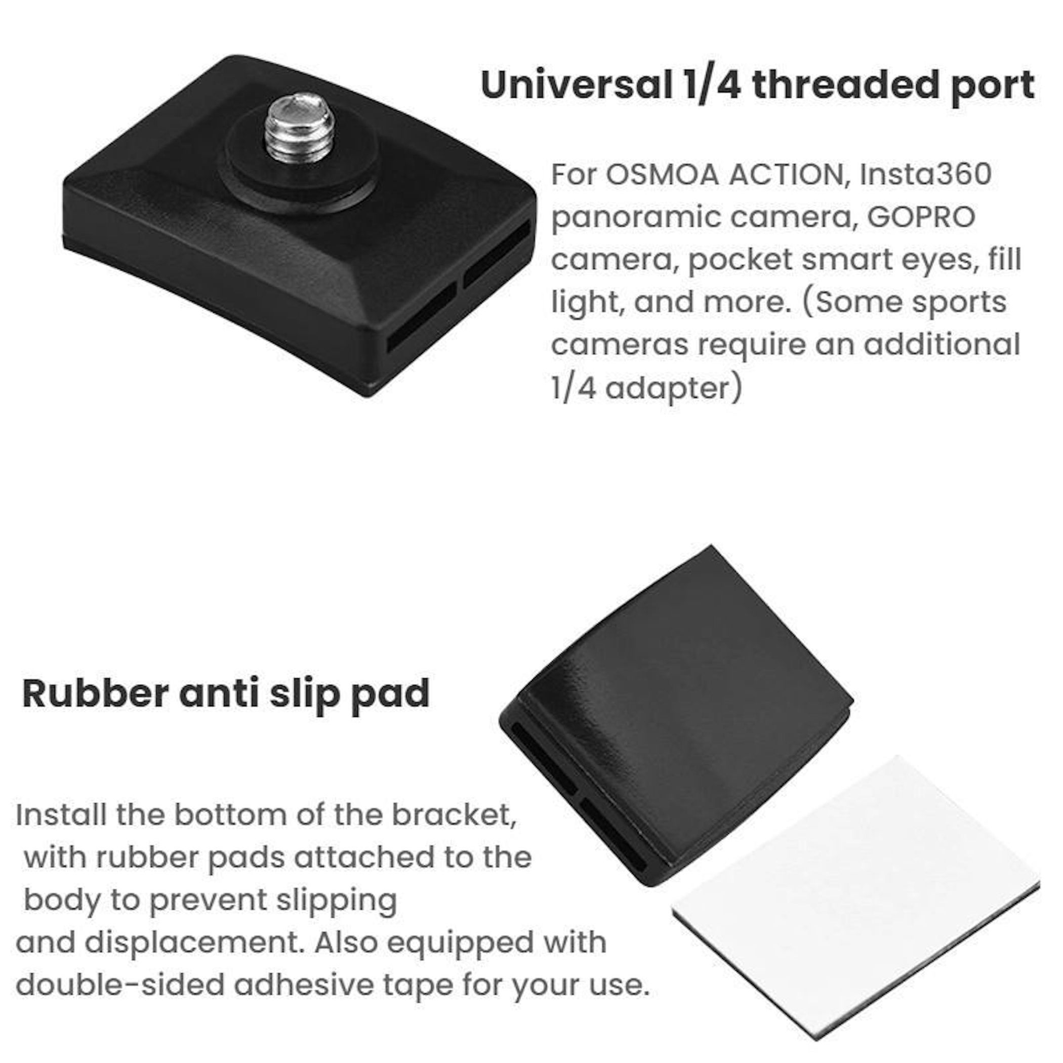 Ein schwarzer 1/4-Zoll-Adapter mit Gewinde und ein schwarzes Anti-Rutsch-Pad.