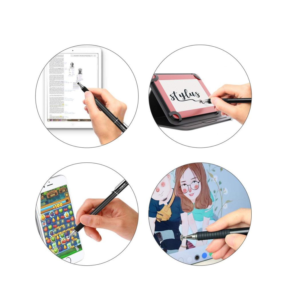 Vier Kreise zeigen Stifte auf Tablets, einem Smartphone und einer Zeichnung.
