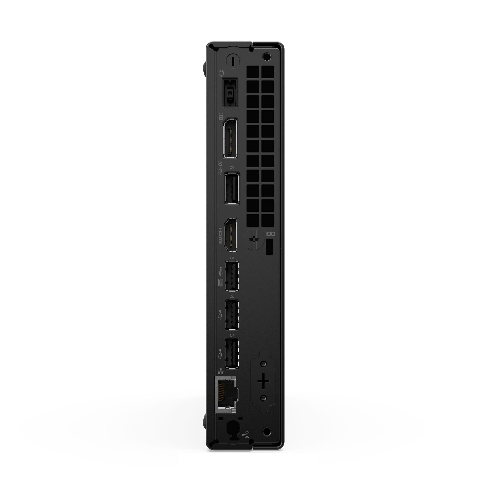 Mini PC negro con puertos: DisplayPort, HDMI, USB, Ethernet y botón de encendido.