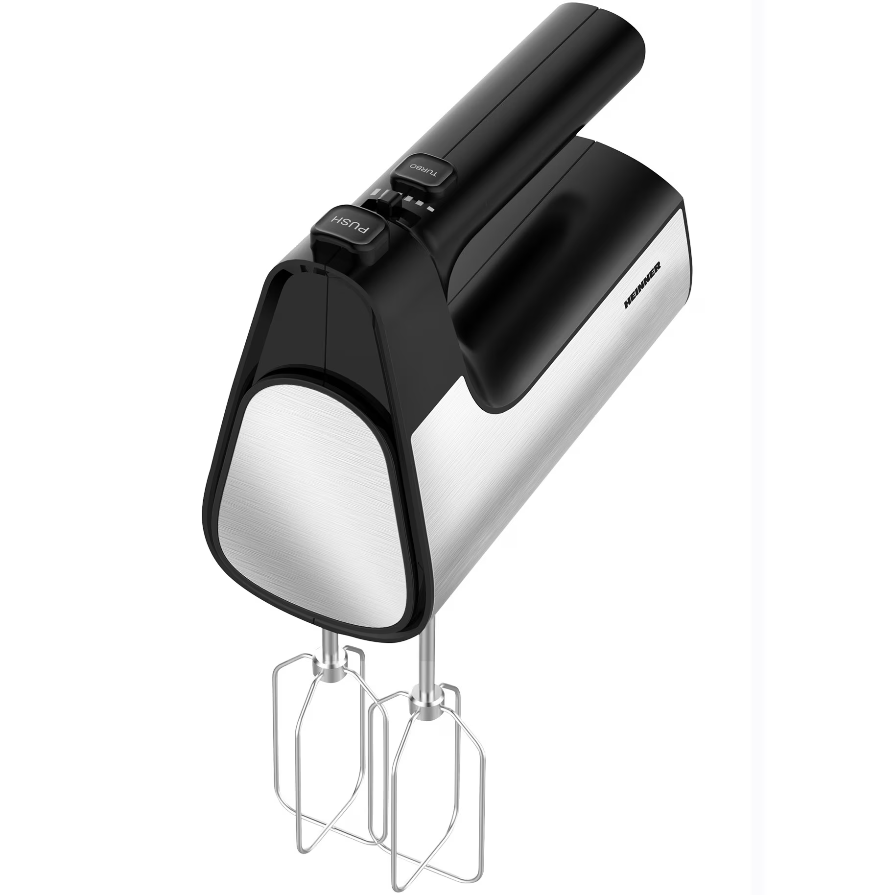 Een zwarte en zilveren HEINNER handmixer met twee kloppers, op witte achtergrond.