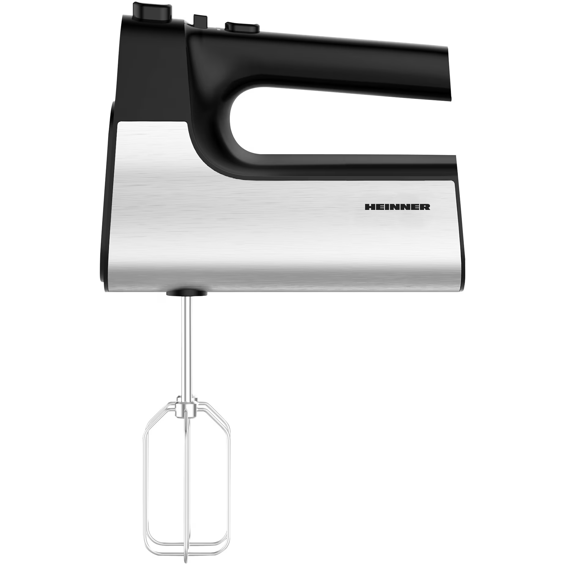 Een zilveren en zwarte handmixer met één garde.