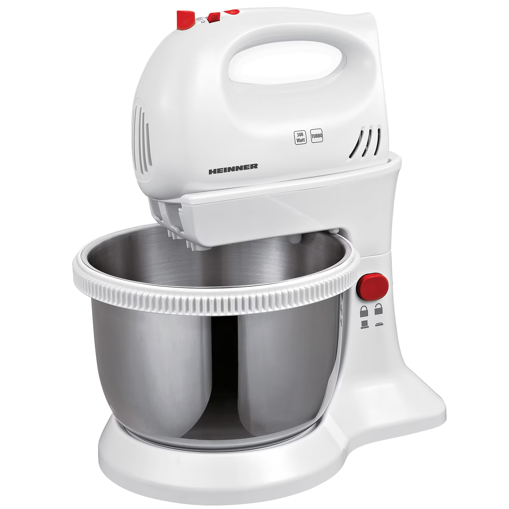 Un robot pâtissier Heinner blanc avec un bol argenté et des boutons rouges. 300 Watts, Turbo.