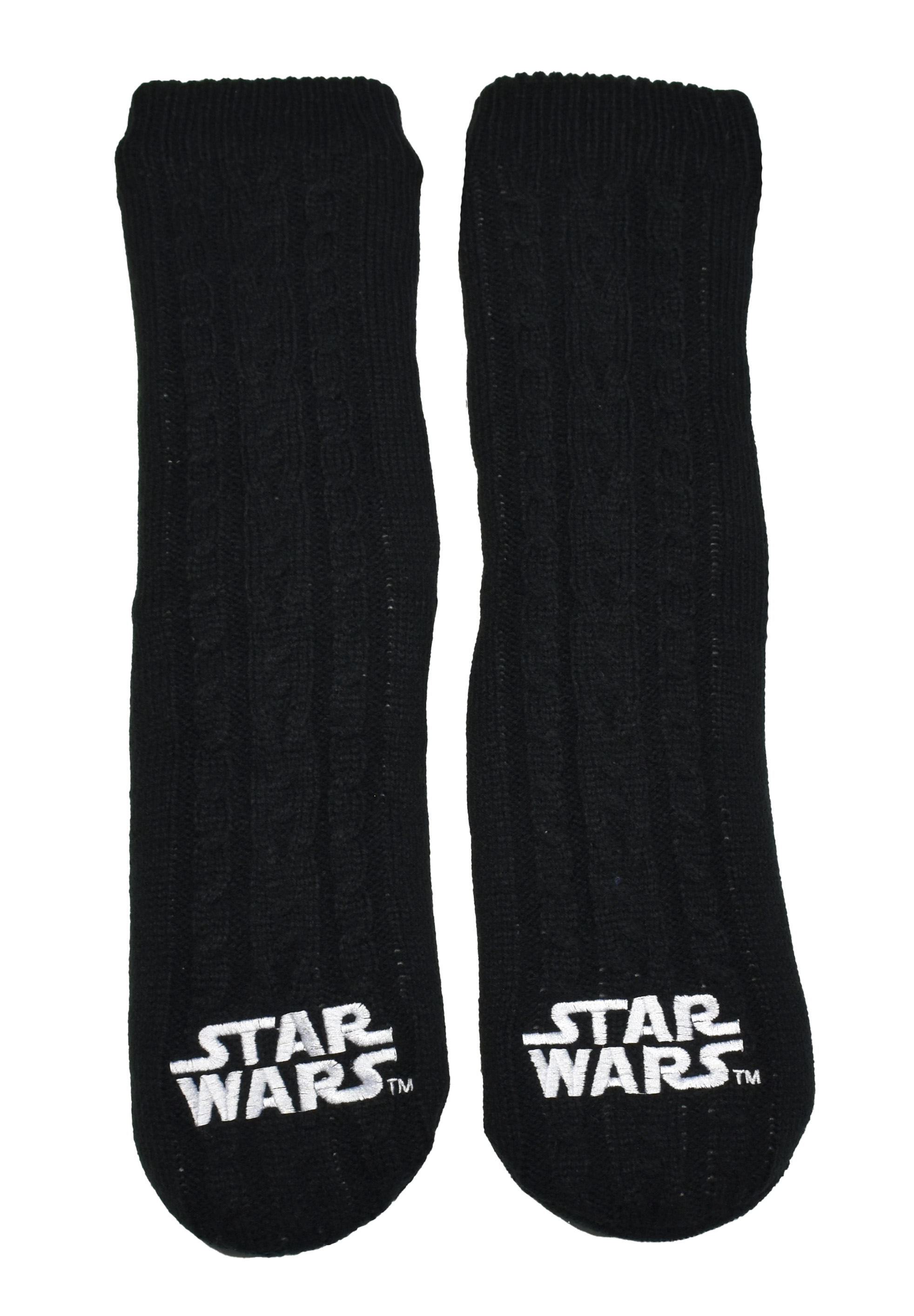 Schwarze Socken mit weißem Star Wars Logo und Zopfmuster.