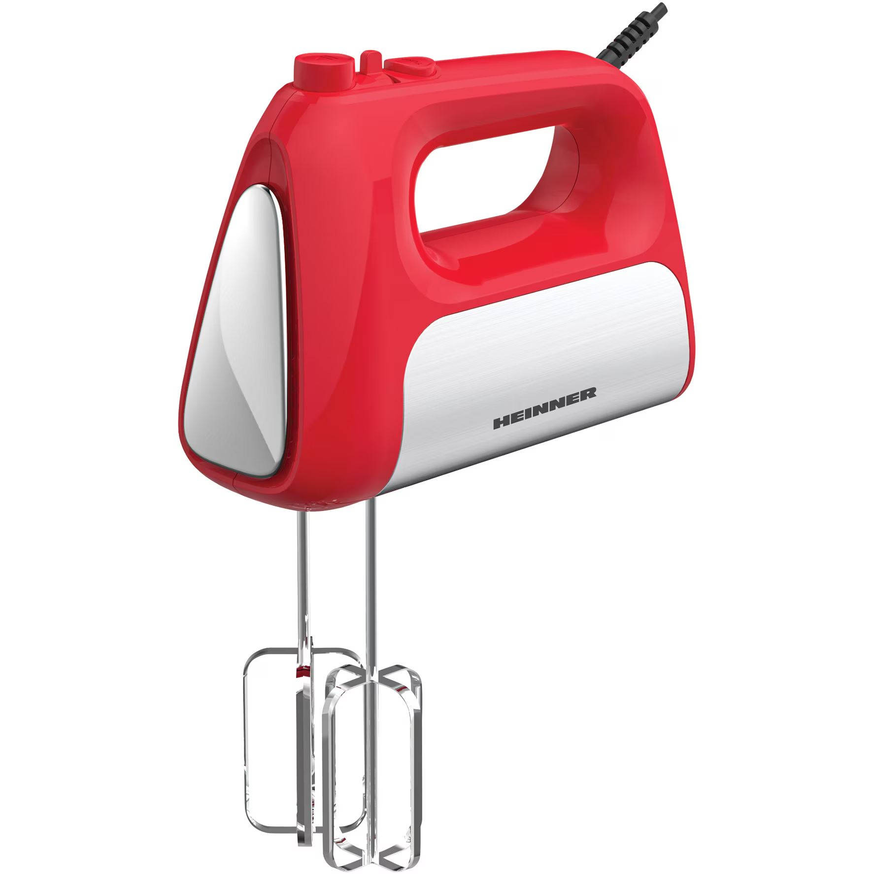 Een rode handmixer met zilveren accenten en twee metalen kloppers.