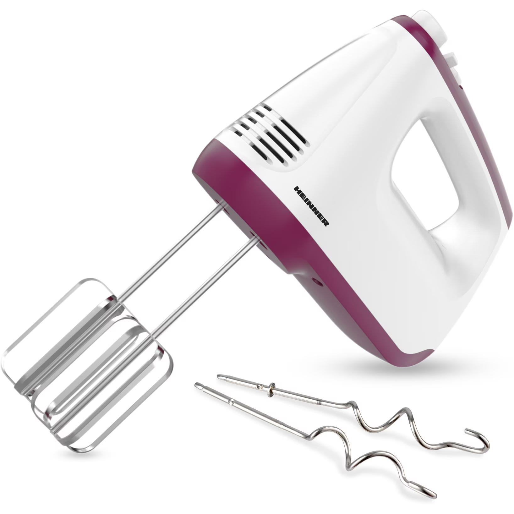 A white hand mixer with purple accents and two beaters.