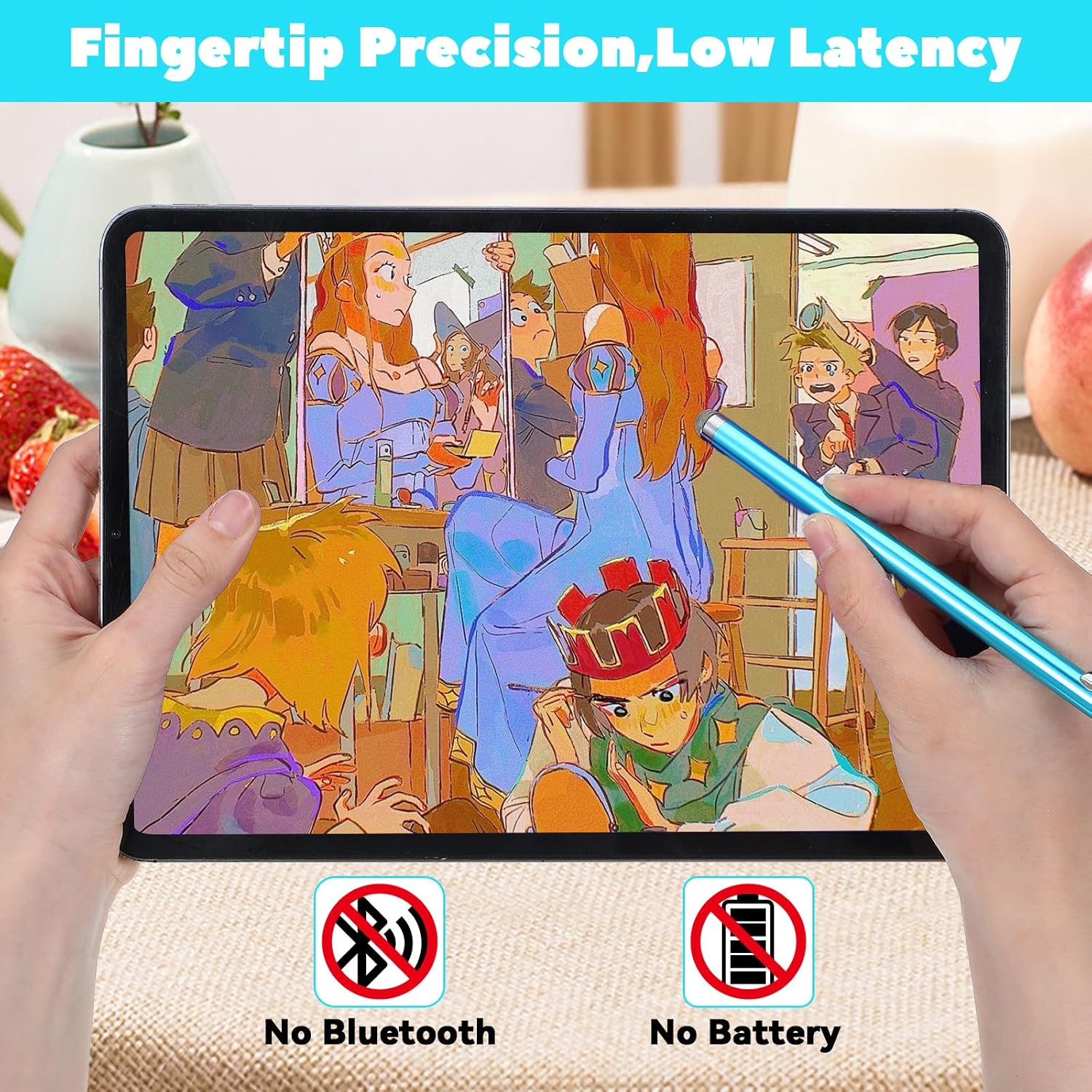 Tablet mit Stift, zeigt Anime-Charaktere. "Kein Bluetooth", "Keine Batterie" Logos unten.