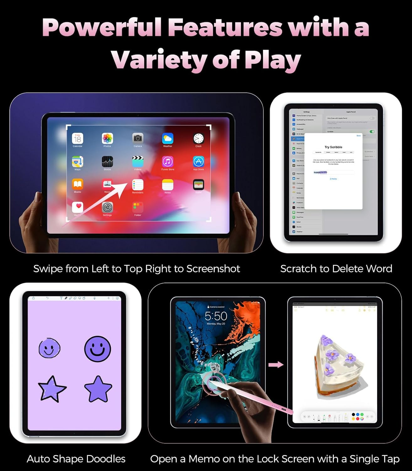 Vier iPad-Screens: App-Übersicht, Einstellungen, Doodles und Notiz-App mit Kuchenbild.