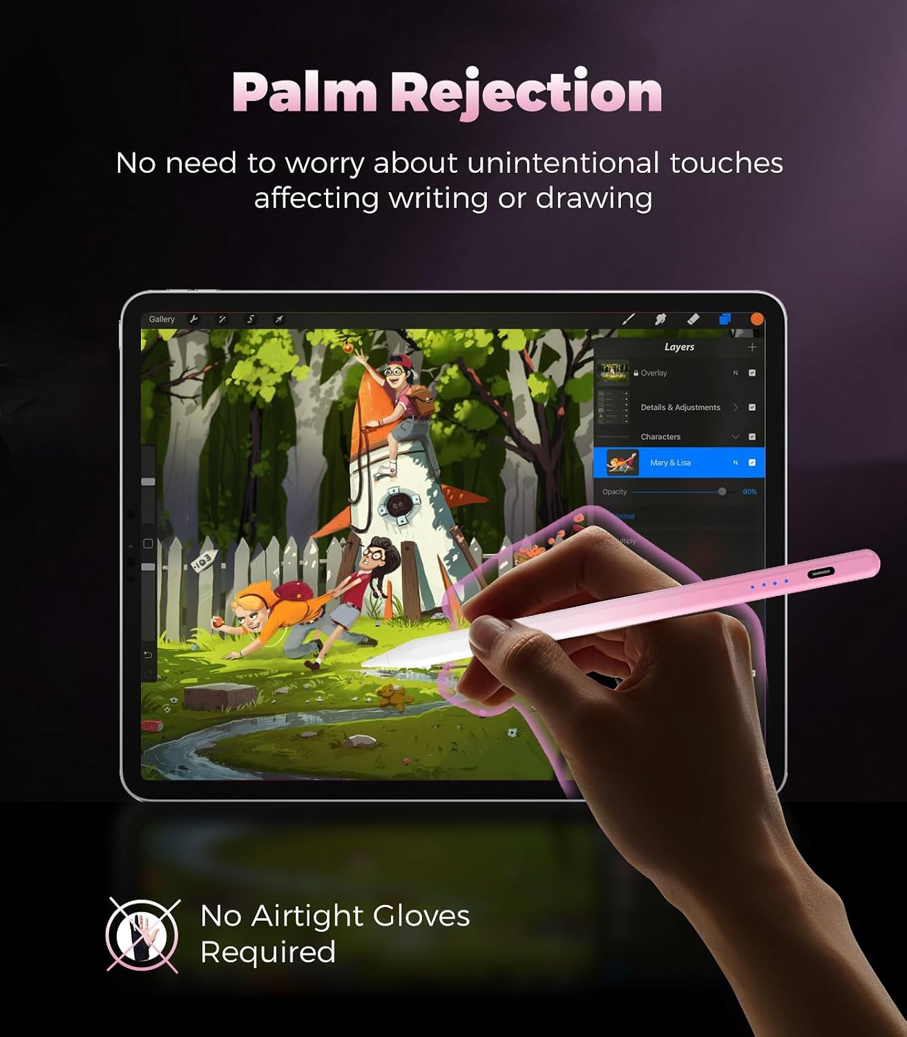 Hand mit Stift zeichnet auf Tablet mit Weltraumrakete und Kindern.