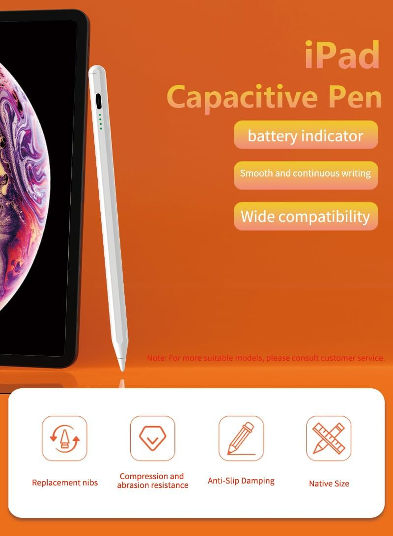 Ein weißer iPad-Stift neben einem Tablet mit orangefarbenem Hintergrund.
