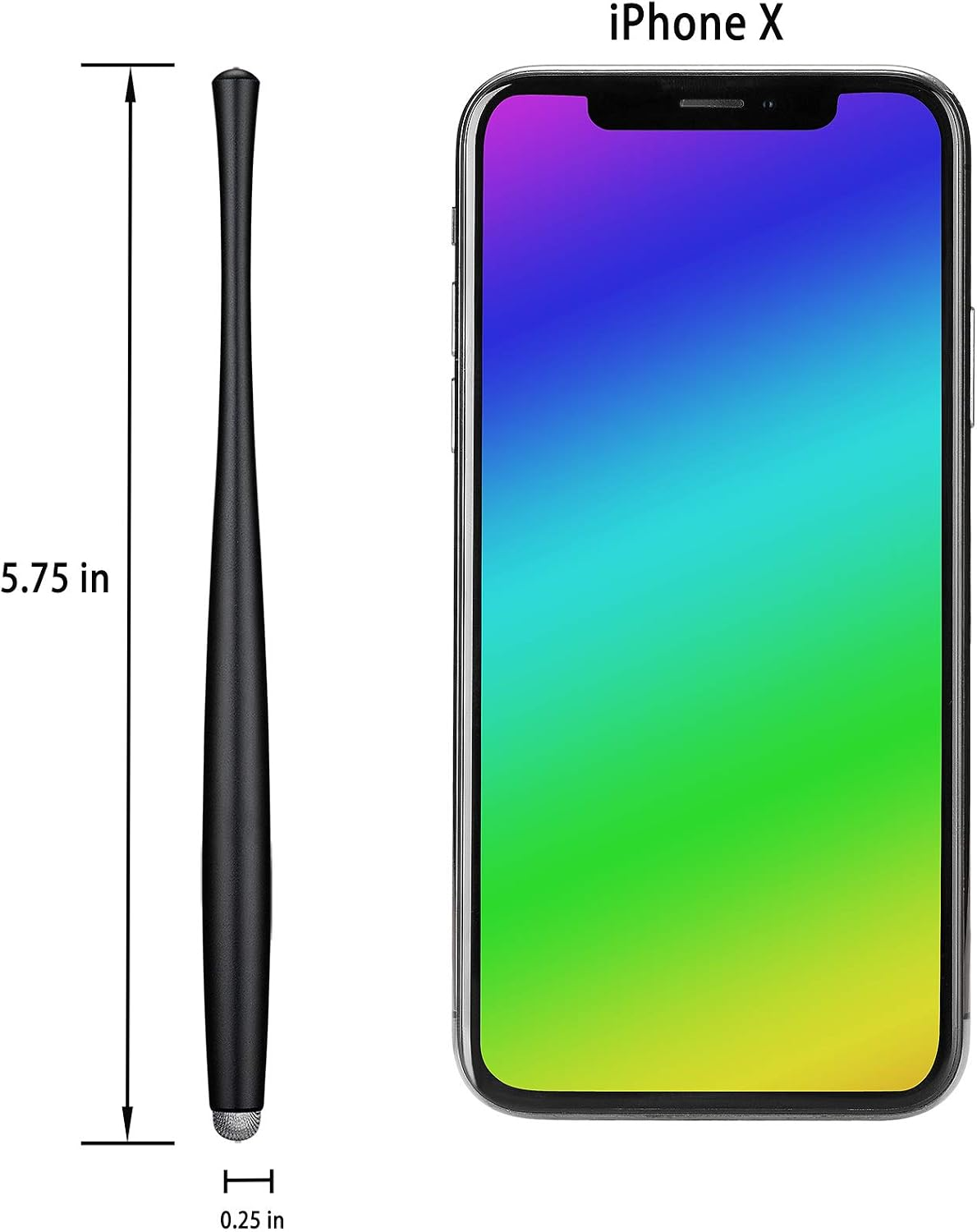 Schwarzer Stift neben einem iPhone X mit Regenbogen-Display. Maße werden angezeigt.