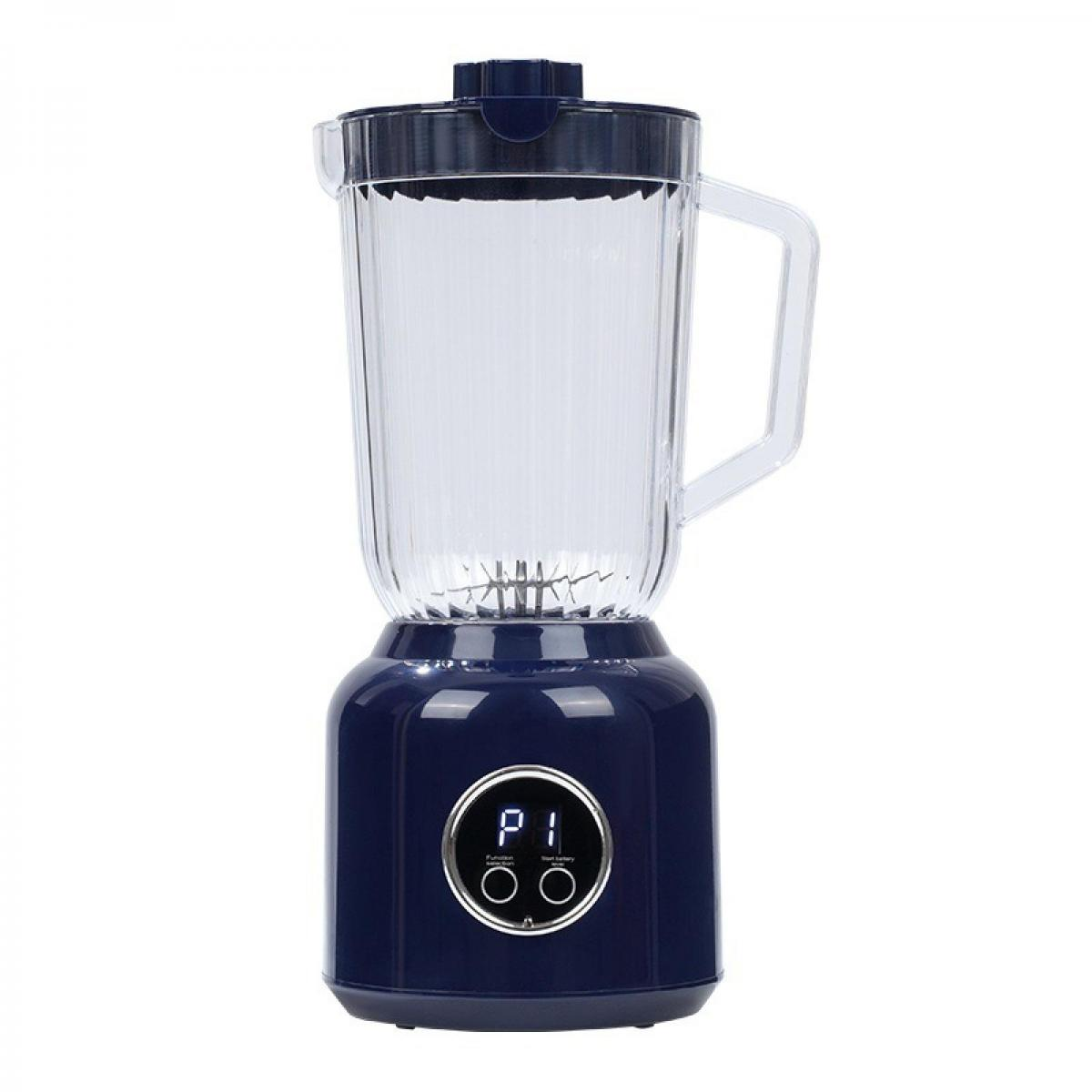 Ein blauer Mixer mit einem durchsichtigen Krug, schwarzem Deckel und Digitalanzeige "P1".