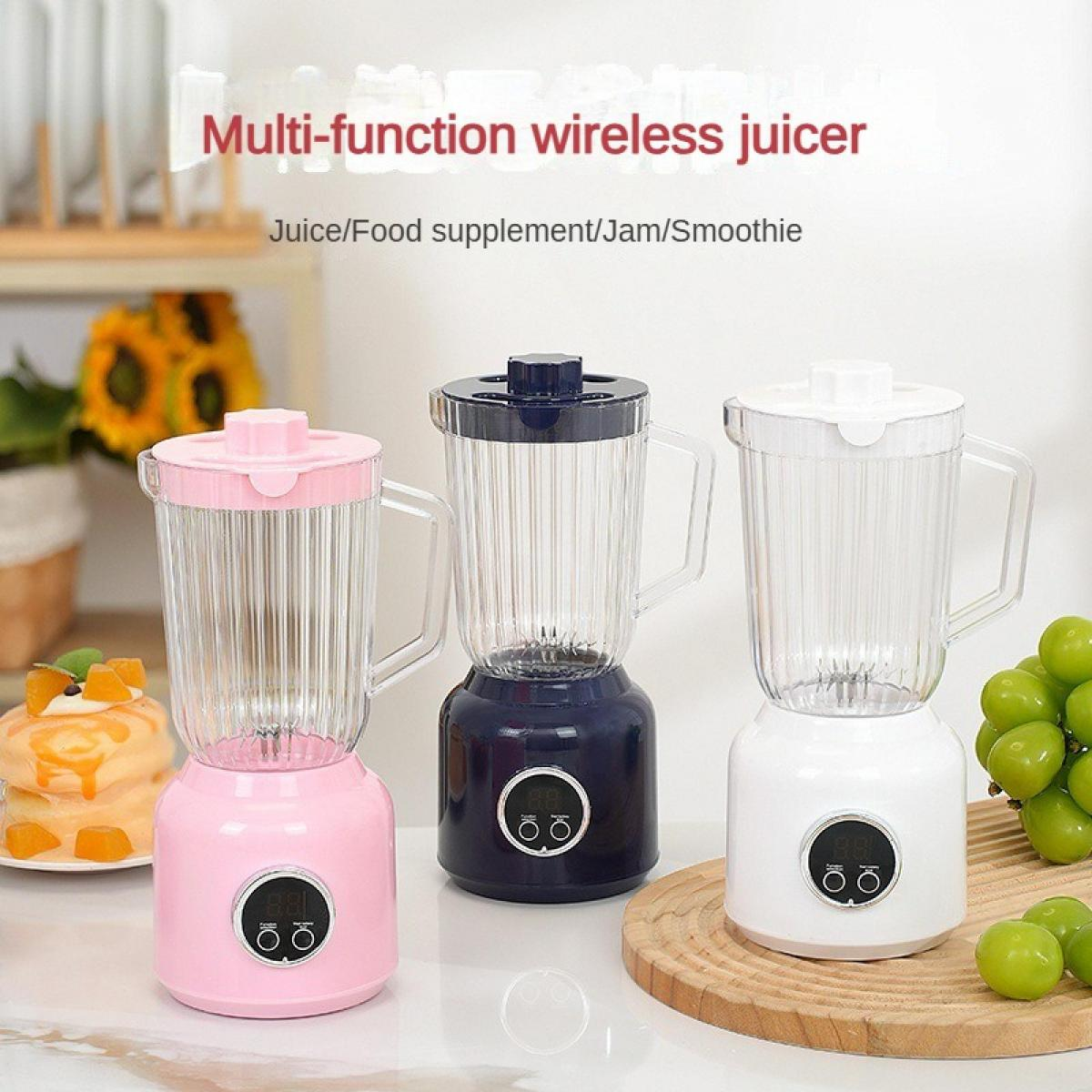 Drei Multifunktions-Mixer in Rosa, Dunkelblau und Weiß mit Glasbehältern.