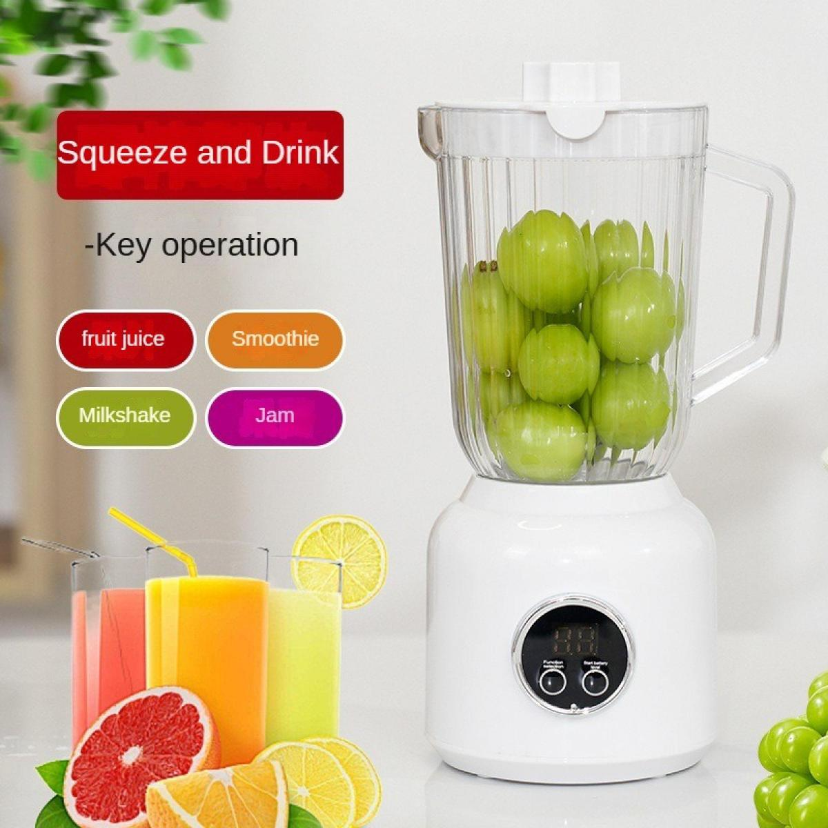 Weiße Standmixers mit grünen Trauben, bunten Säften und Zitrusfrüchten. Knöpfe: Fruchtsaft, Smoothie, Milchshake, Marmelade.