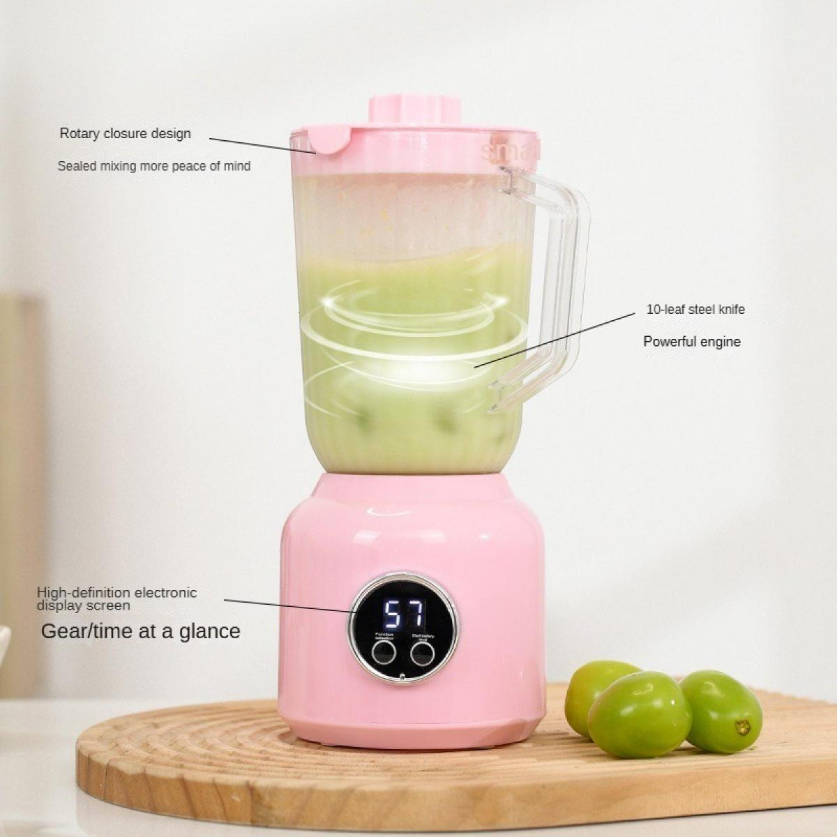 Pinker Mixer mit grünem Smoothie, Digitalanzeige und drei grünen Früchten.