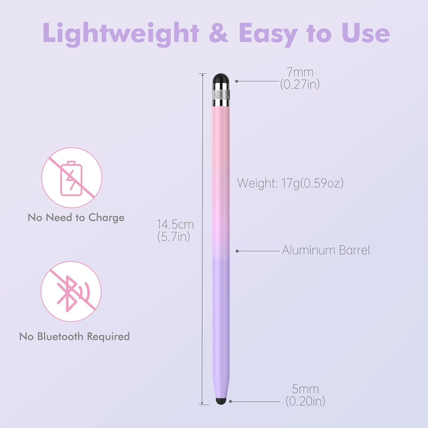 Leichter, pink-violetter Eingabestift, 14,5cm lang, kein Laden/Bluetooth nötig.