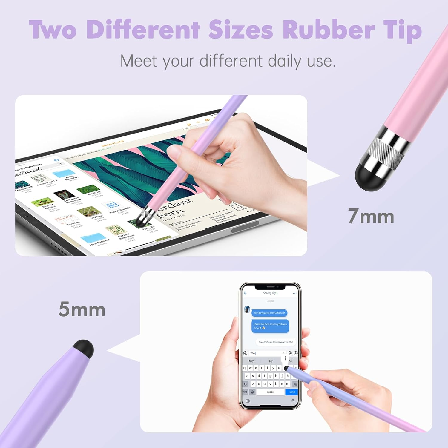 Ein pink-violetter Stylus mit 7mm Spitze auf einem Tablet, ein violetter mit 5mm auf einem Handy.
