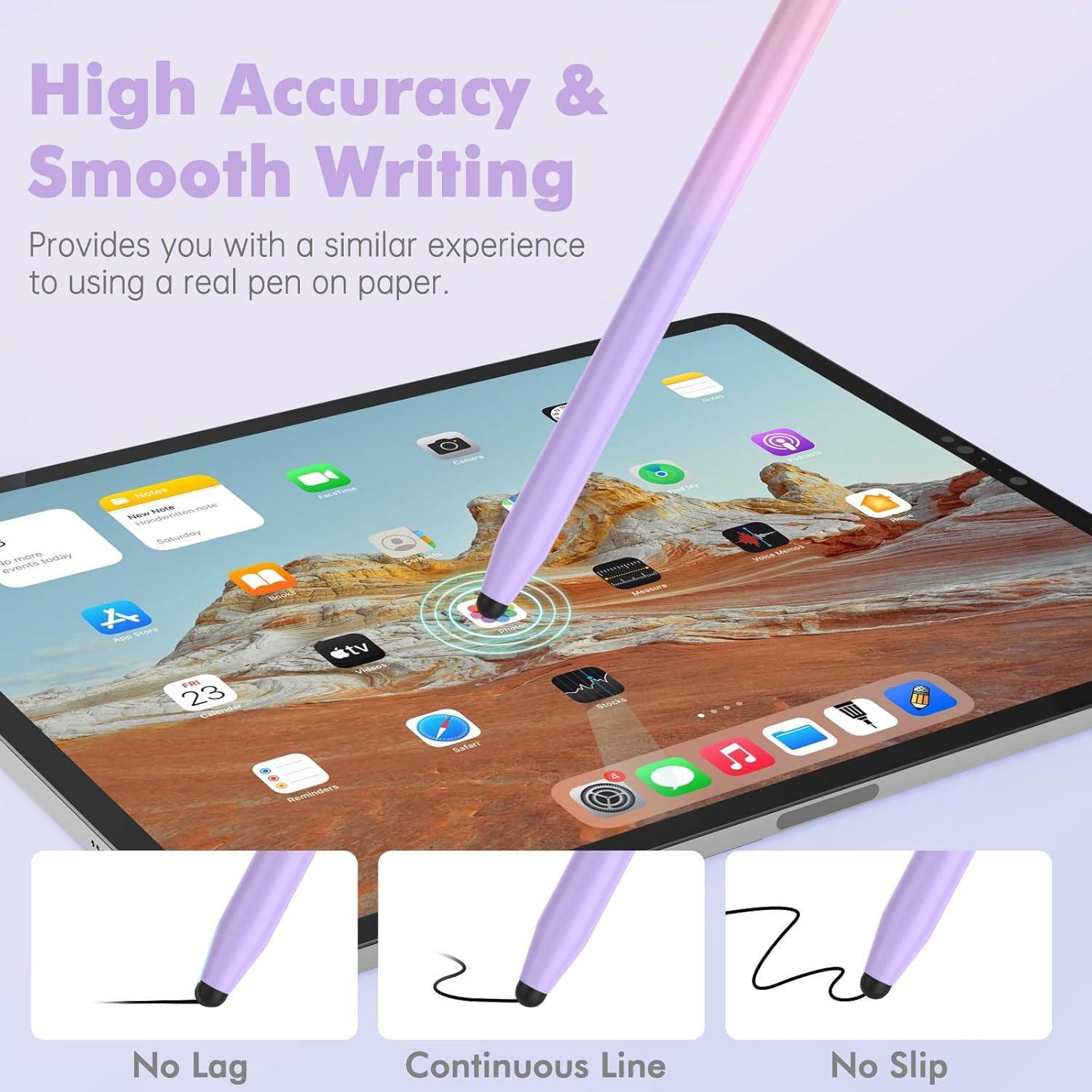 Ein lila Stift liegt auf einem Tablet, das App-Icons und einen Hintergrund zeigt.