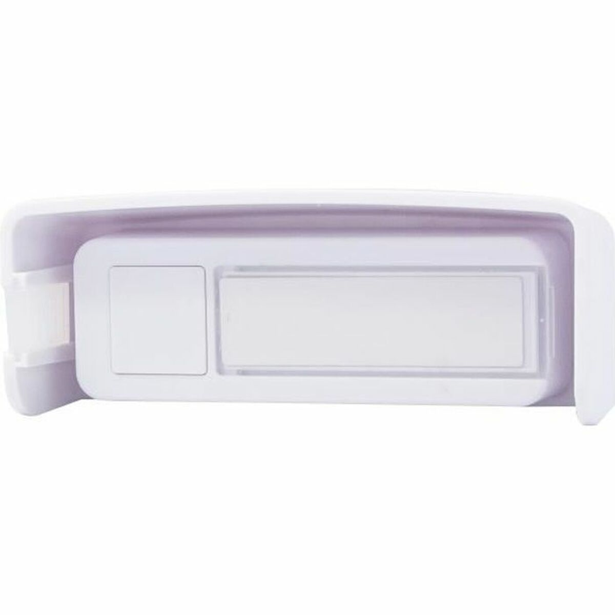 Una carcasa rectangular blanca con un botón cuadrado y una ranura larga.