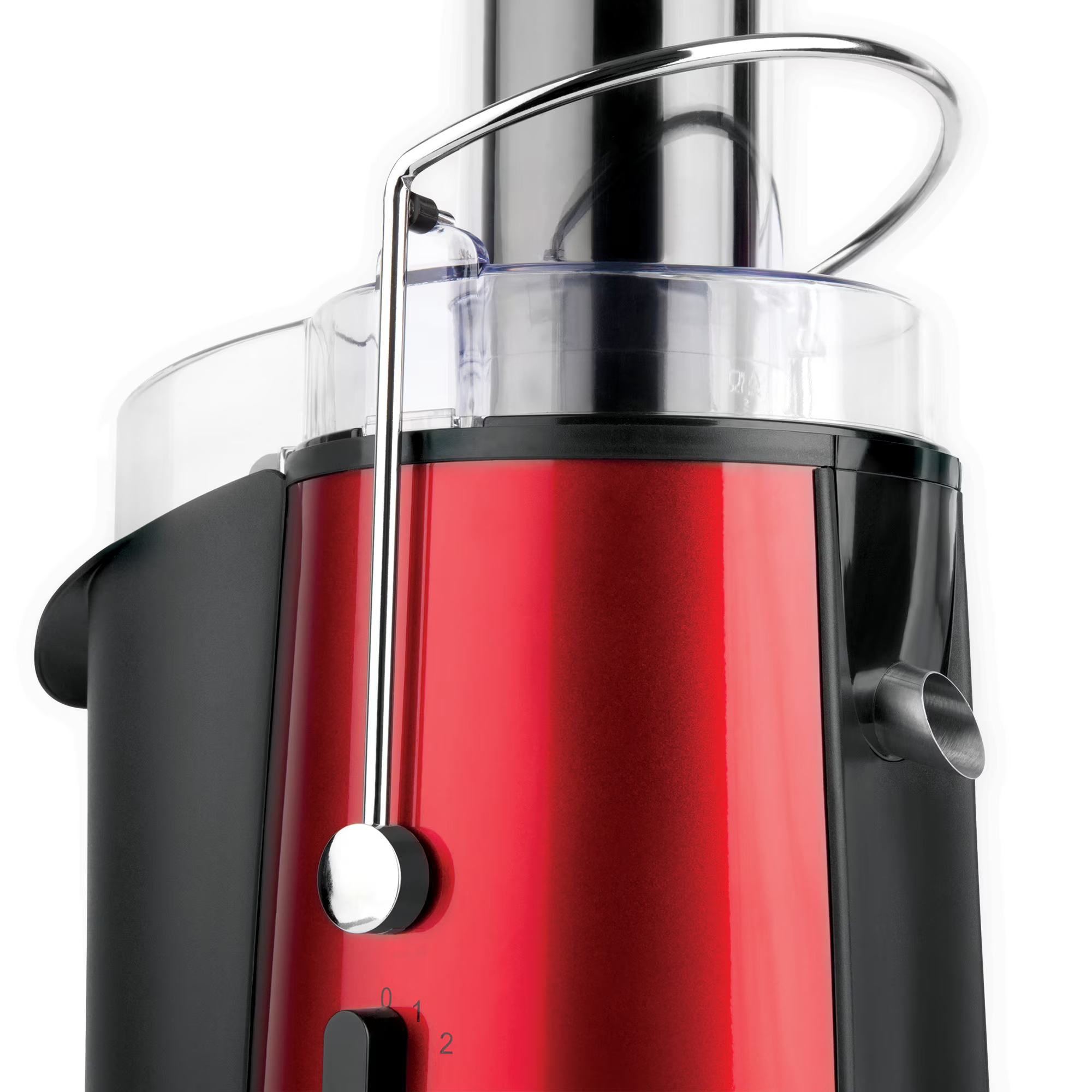 A red and black juicer with silver accents on a white background.