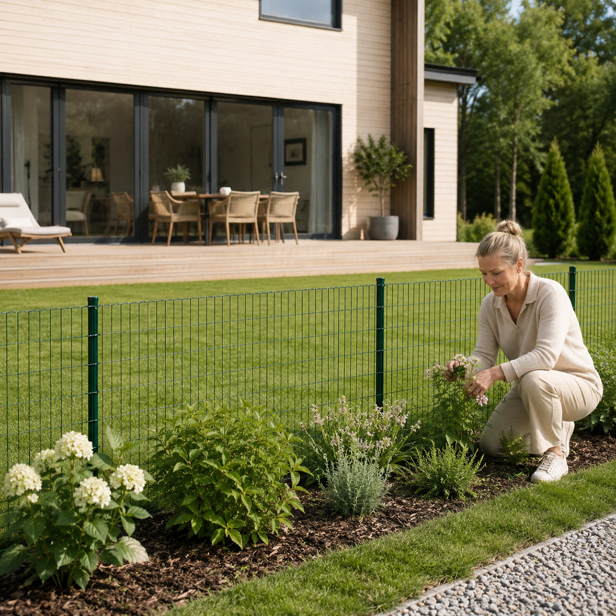 Eine Frau kniet in einem Garten und pflegt Pflanzen neben einem Haus.