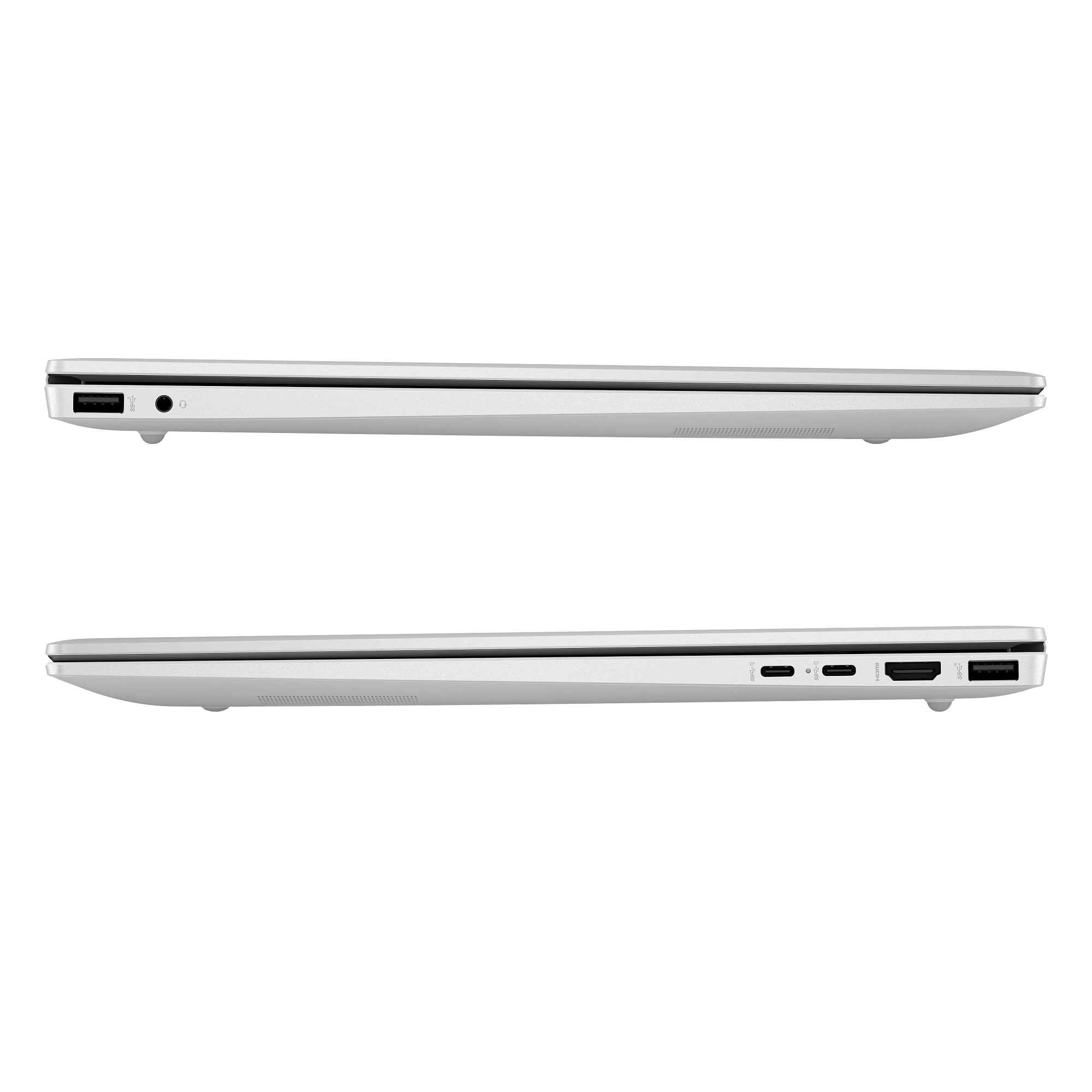 Silberner Laptop von der Seite mit Anschlüssen: USB, Kopfhörer, USB-C, HDMI.