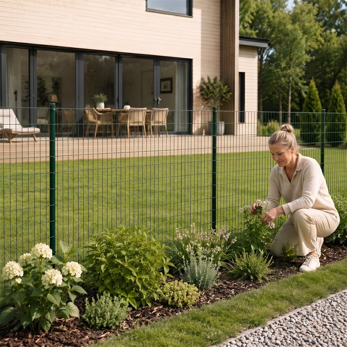 Eine Frau kniet in einem Garten und zupft an Pflanzen neben einem grünen Drahtzaun.