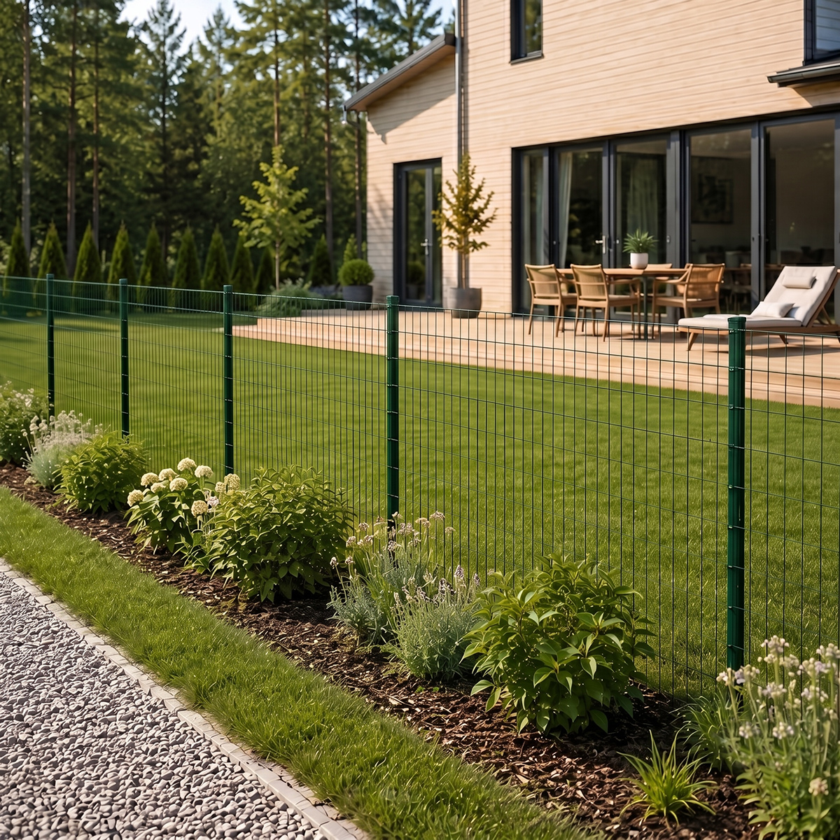 Ein grüner Maschendrahtzaun grenzt einen gepflegten Garten mit einem Haus und Bäumen ab.