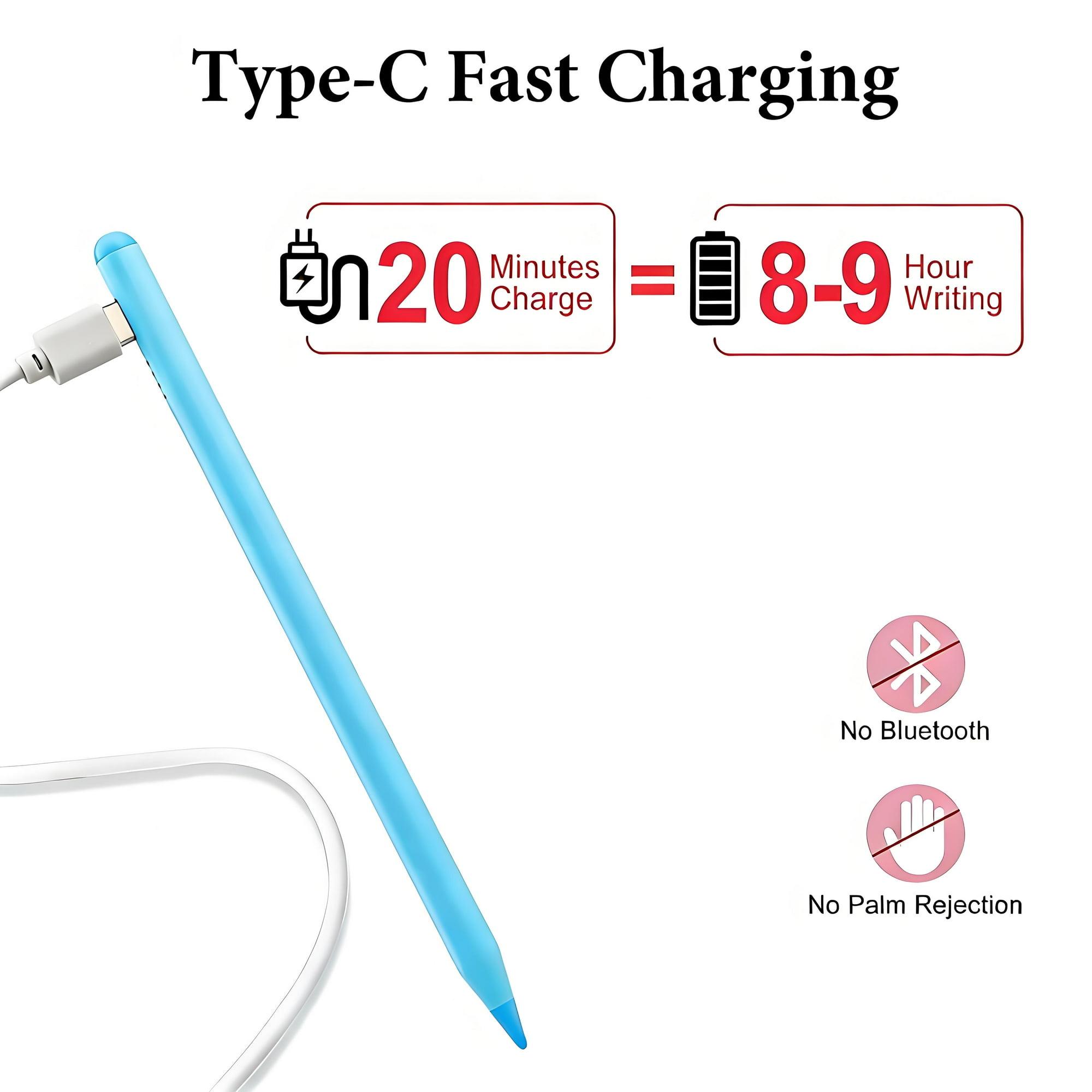 Blauer Stift wird über USB-C geladen; 20 Min Laden für 8-9 Std Schreiben.