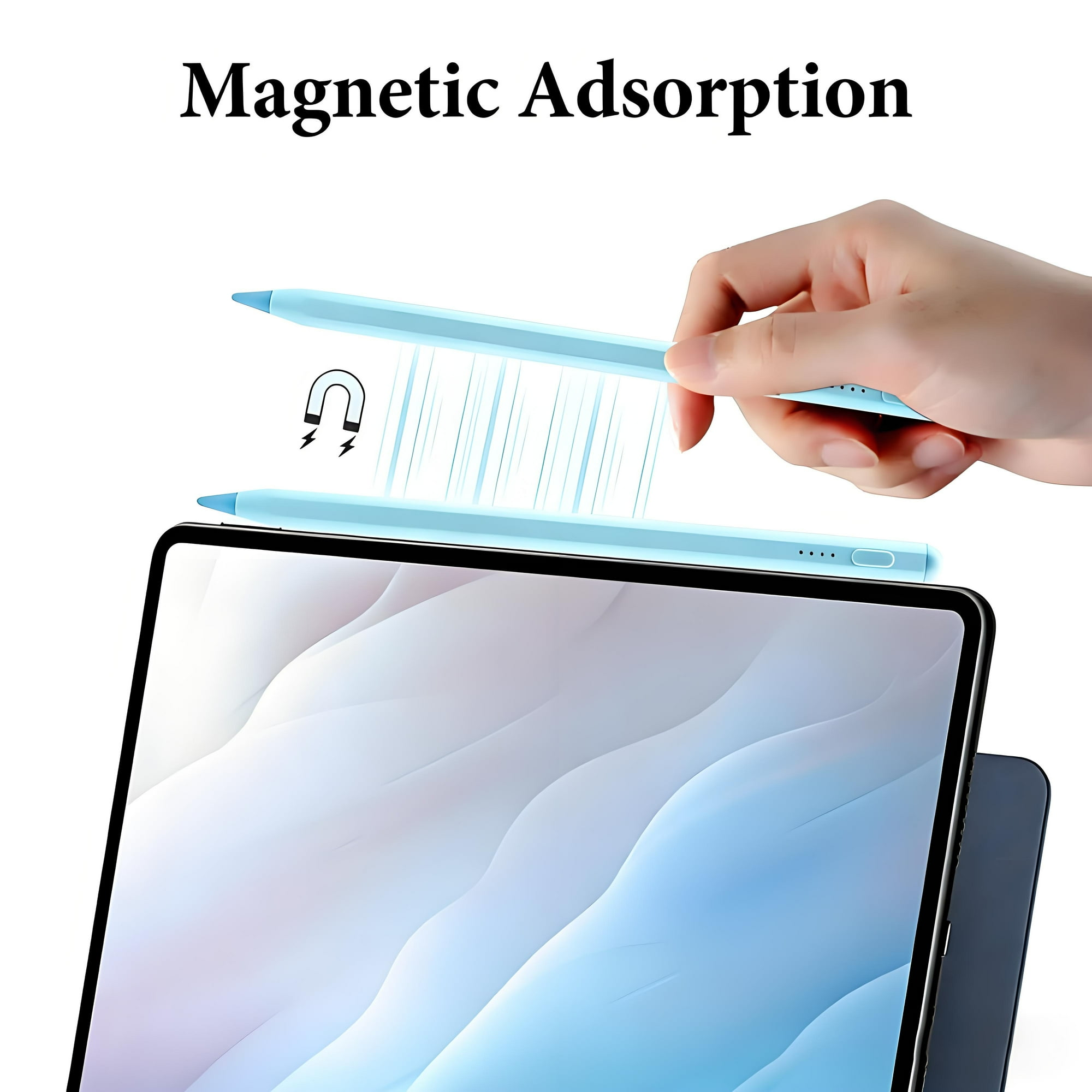 Eine Hand hält einen blauen Stift über ein Tablet, das magnetisch angezogen wird.