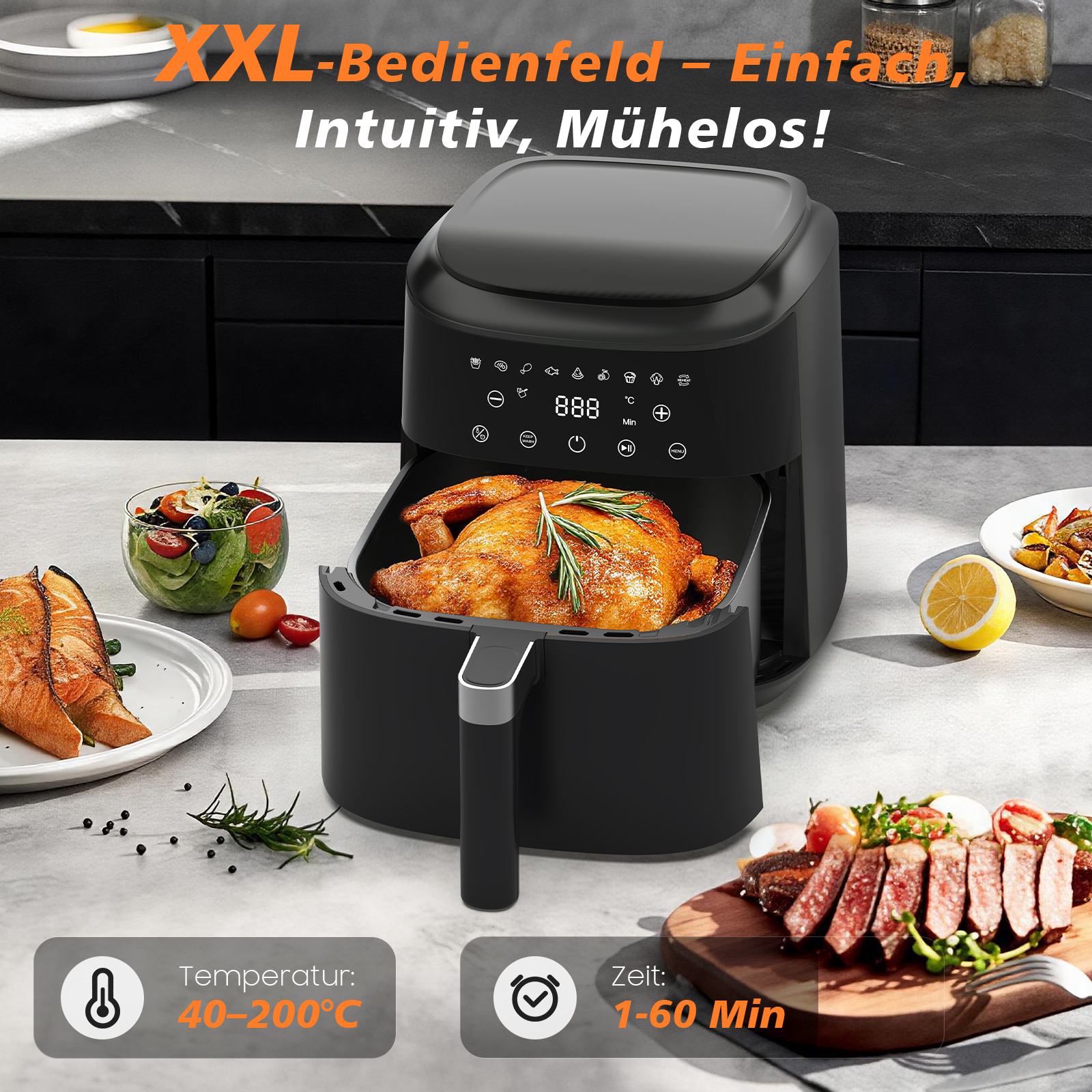 Ein schwarzer Heißluftfritteuse mit einem gebratenen Huhn und Beilagen.