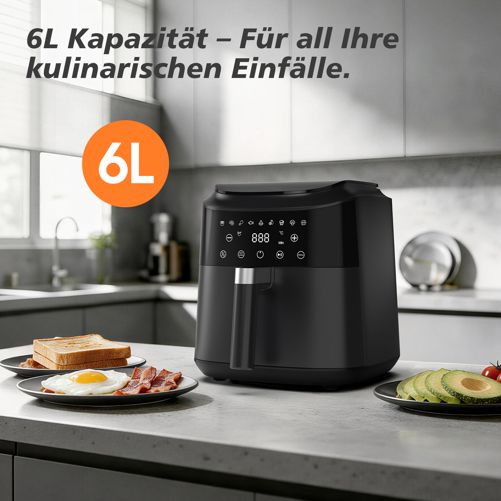 Schwarzer Airfryer mit digitalem Display, daneben Speisen wie Toast, Spiegelei und Avocado.