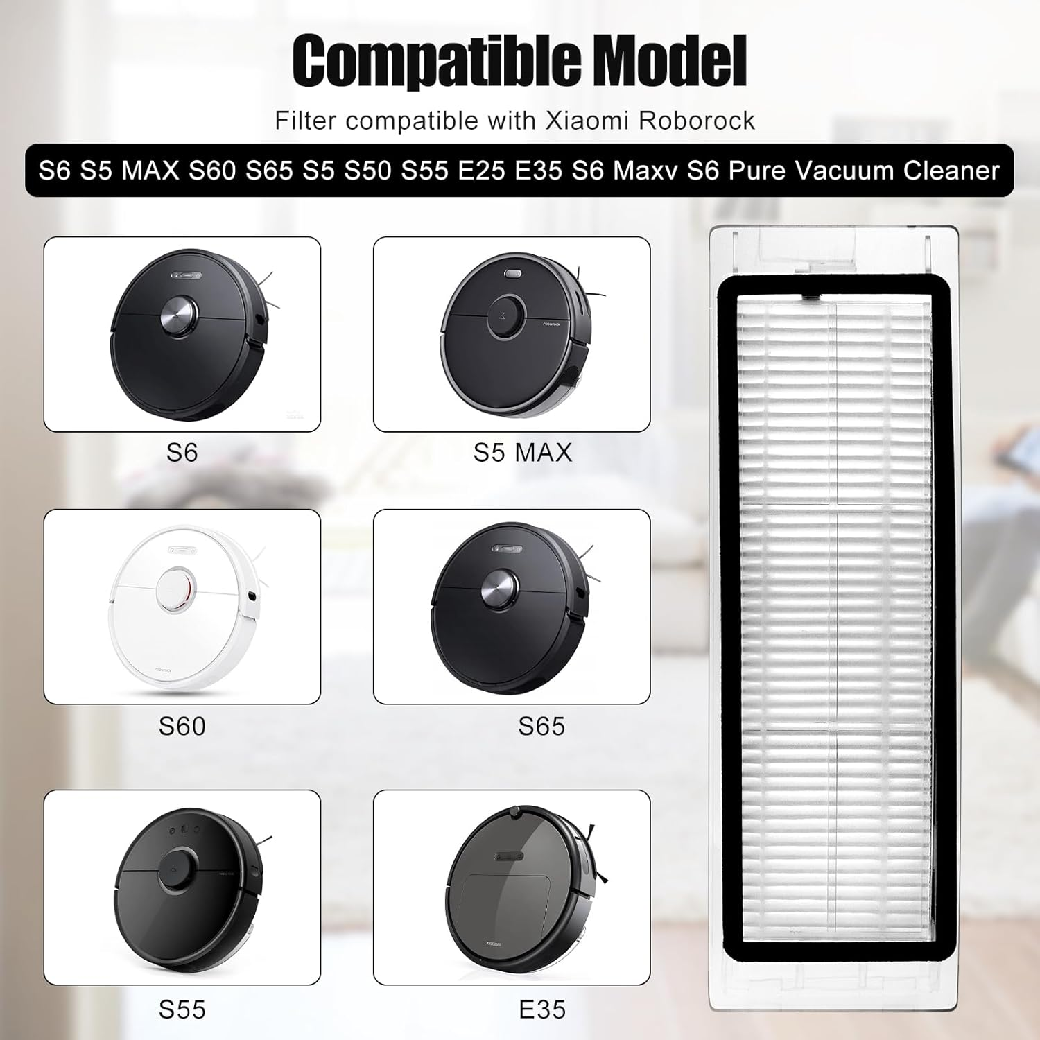 Bilder von Staubsaugerrobotern und einem Filter, kompatibel mit Xiaomi Roborock.