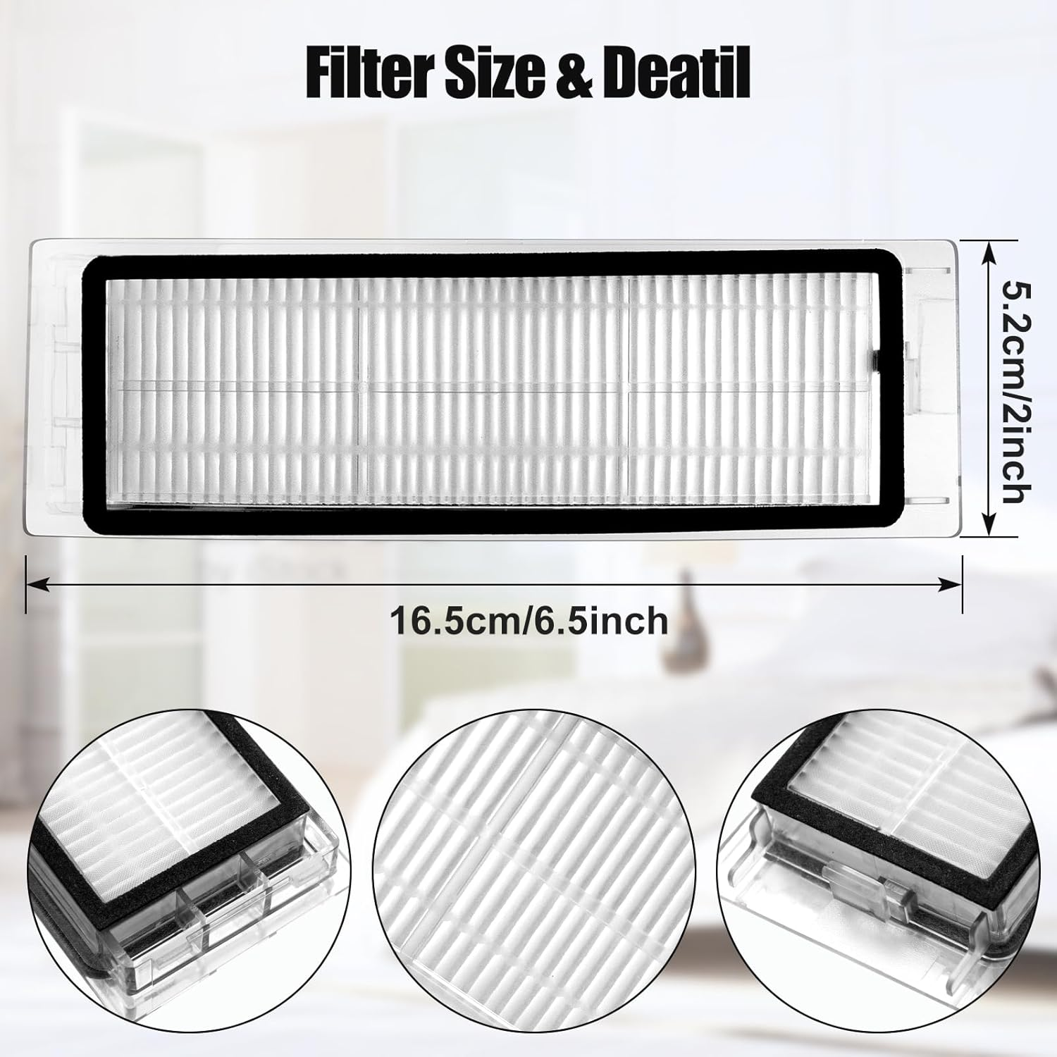 Ein weißer Filter für einen Staubsauger mit Maßen 16,5 cm und 5,2 cm.