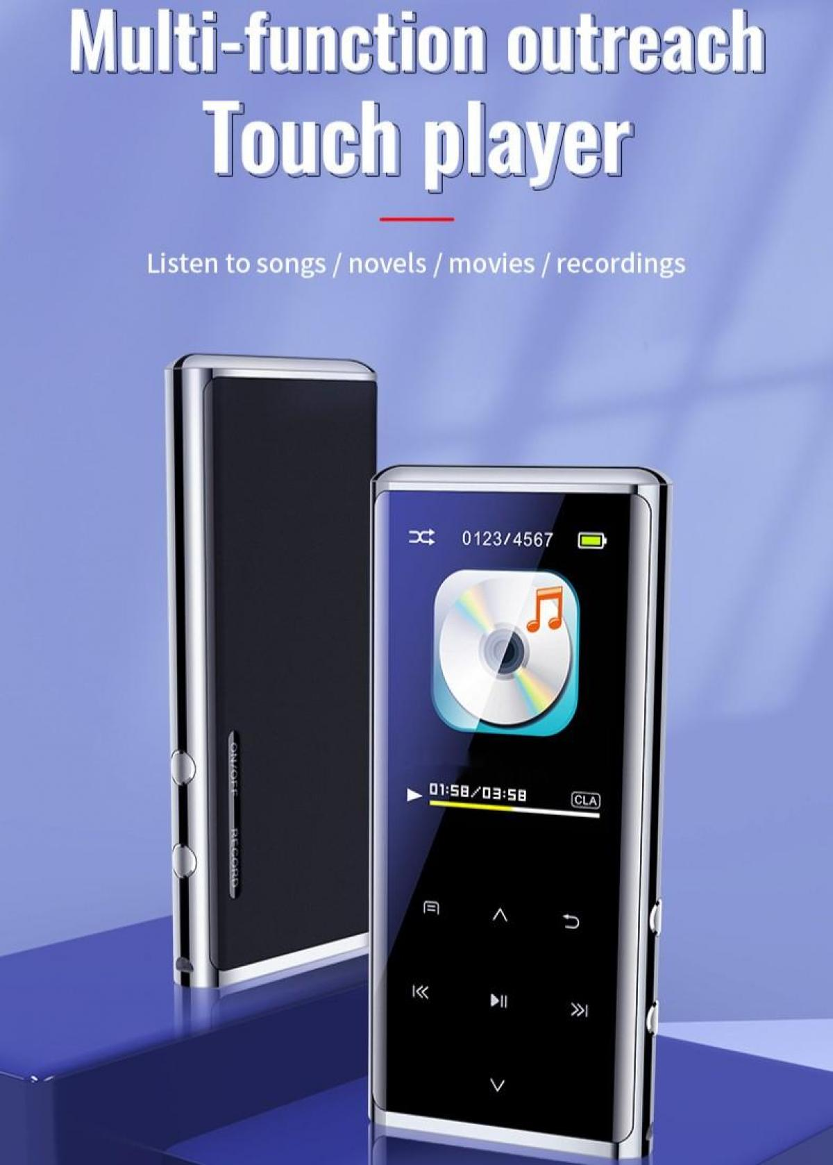 Ein schwarzer Multifunktions-Touchplayer steht auf blauen Podesten.