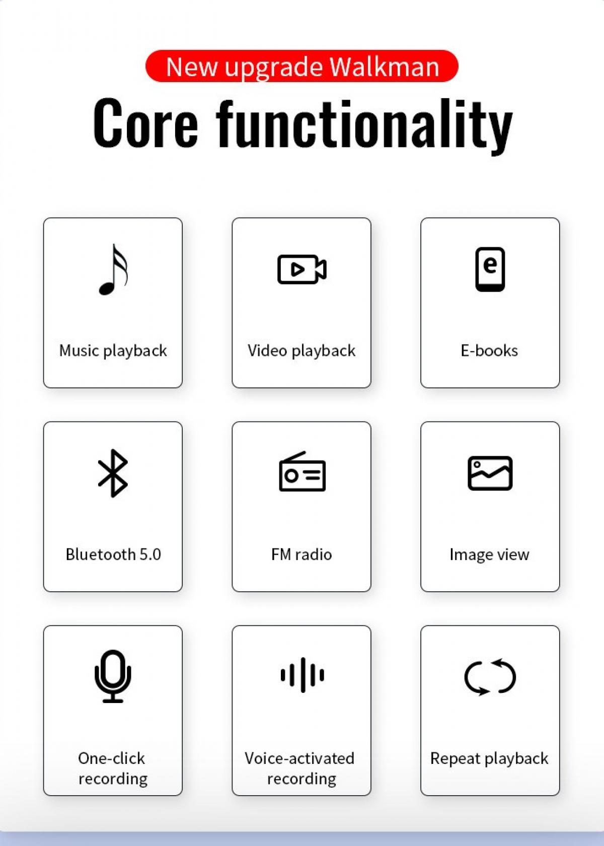 Symbole für Musik, Video, E-Books, Bluetooth, UKW-Radio, Bilder, Aufnahme, Sprachsteuerung, Wiederholung.