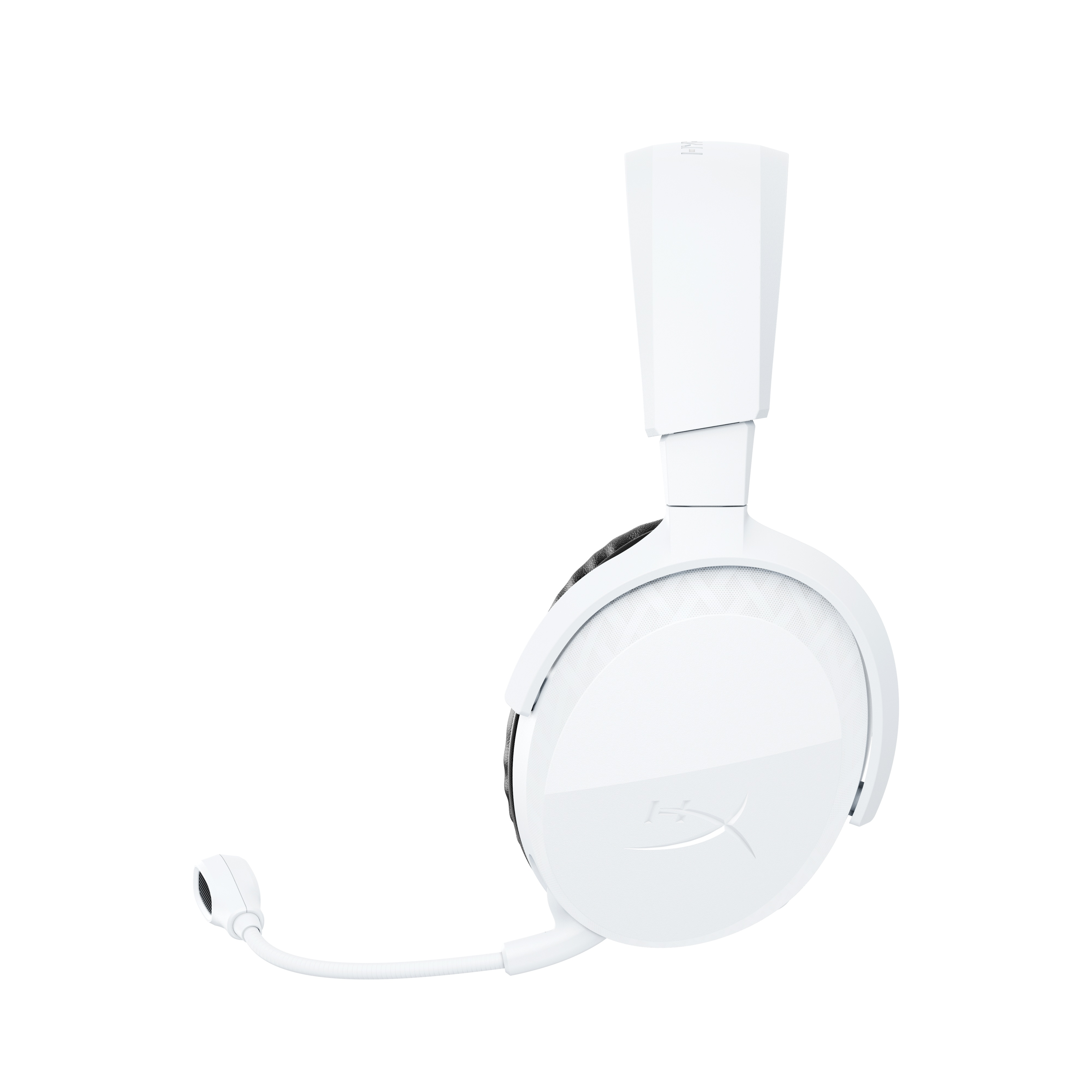 Ein weißes Headset mit Mikrofon, auf weißem Hintergrund.