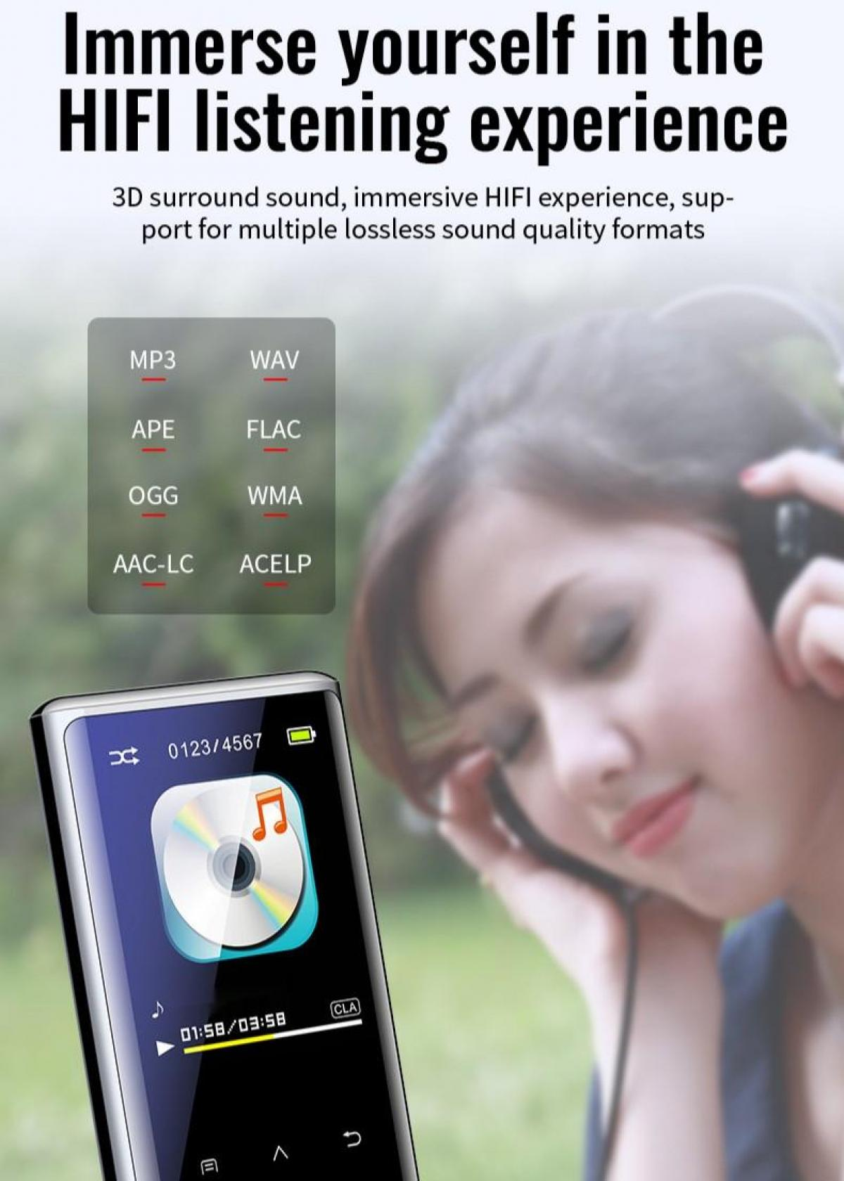 Ein Mann mit Kopfhörern hört Musik auf einem MP3-Player, der verschiedene Audioformate anzeigt.