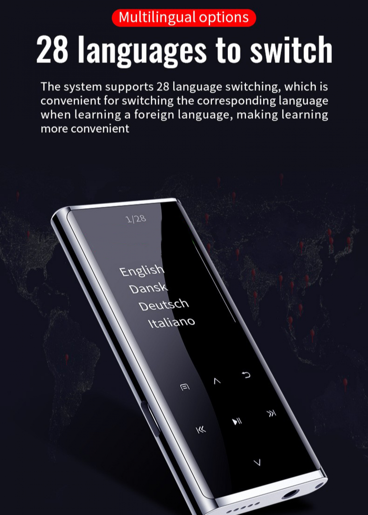 Ein silberner MP3-Player zeigt eine Sprachauswahl mit Englisch, Dänisch, Deutsch, Italienisch.