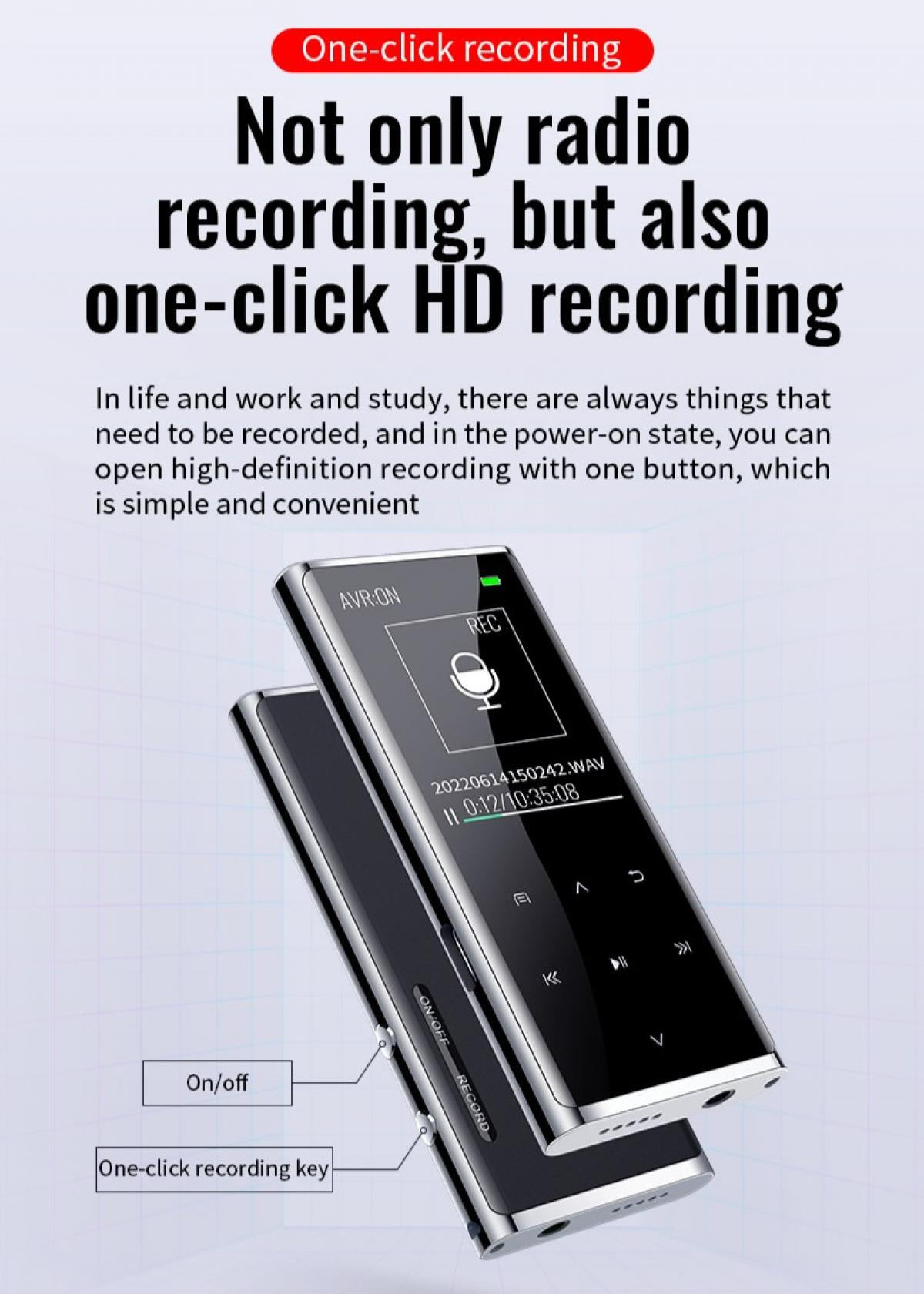 Ein silberner digitaler Rekorder mit einem REC-Symbol und Zeitangabe auf dem Bildschirm.