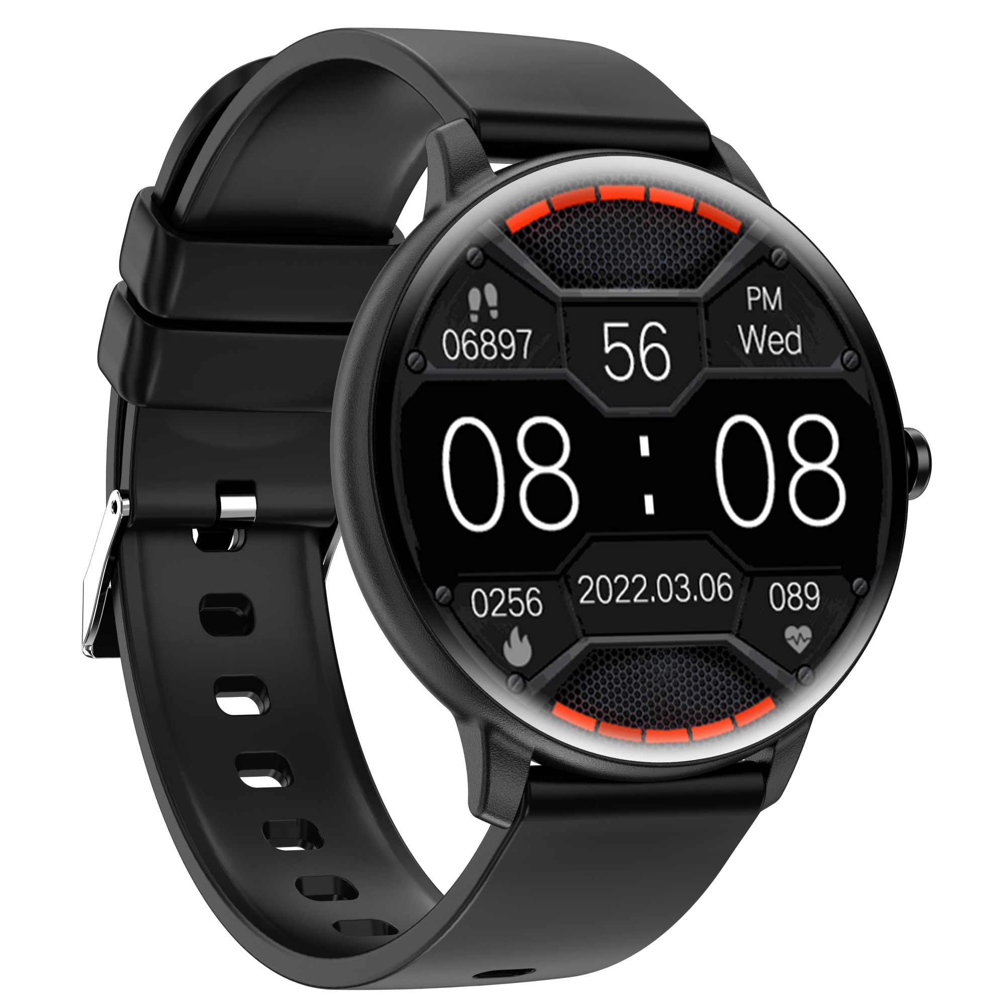 Schwarze Smartwatch mit rundem Display, das 08:08 Uhr, Datum und Herzfrequenz anzeigt.